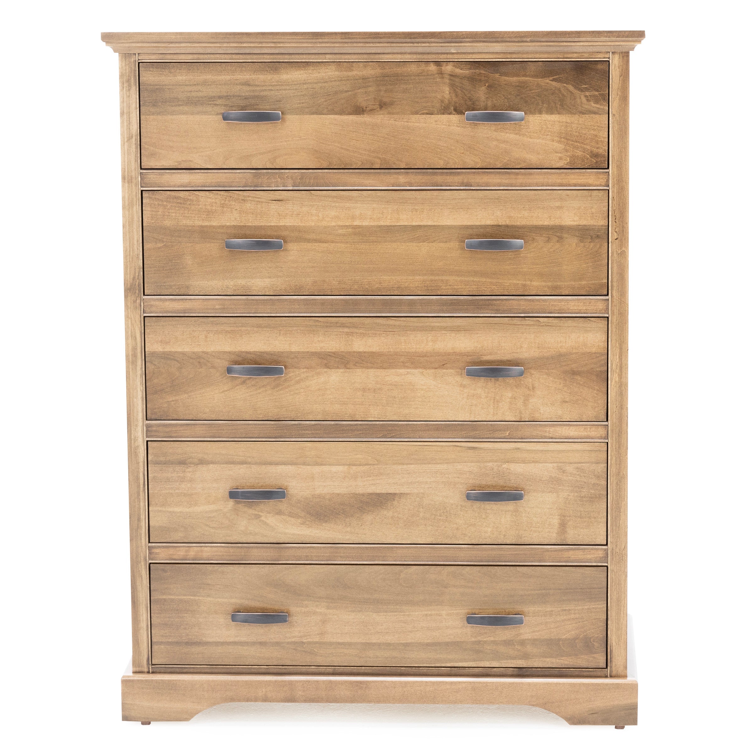 Five-drawer natural wood chest with metal handles, shown from the front.