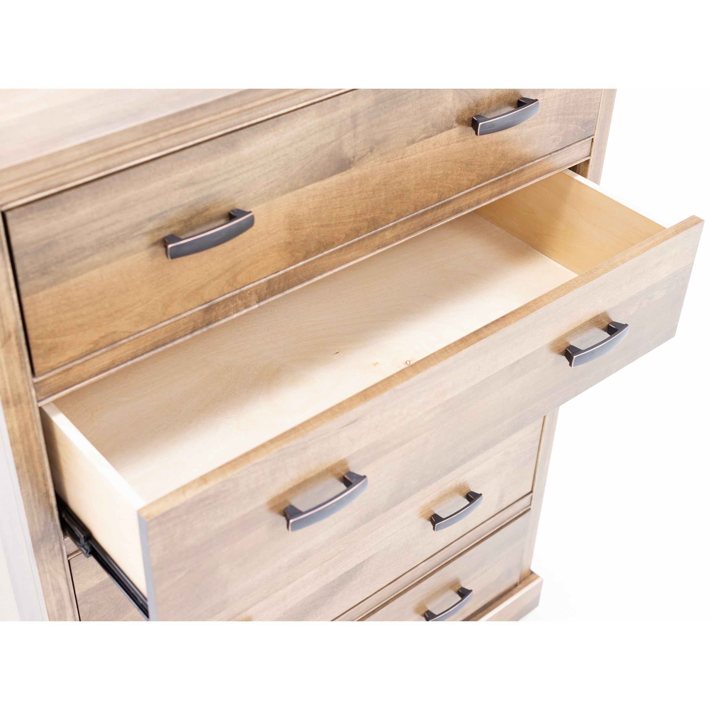Open wooden dresser drawer with black handle, empty interior visible.