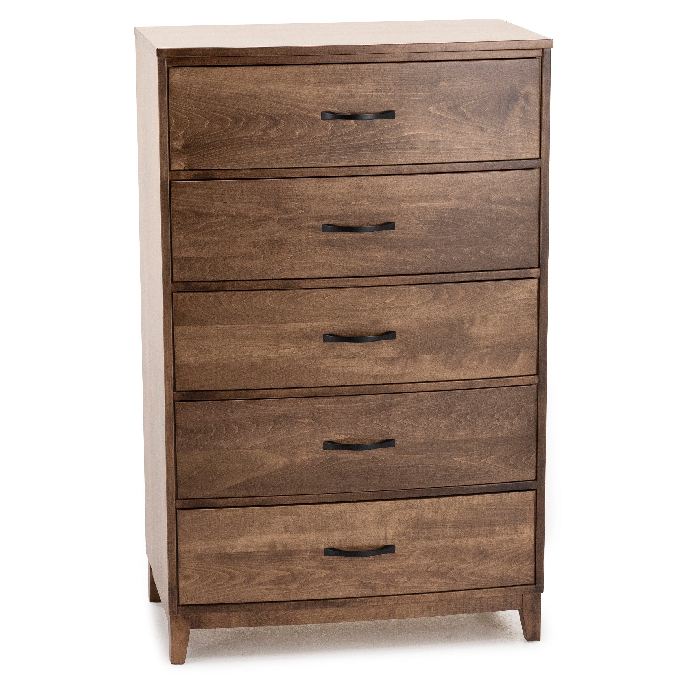 Brown wooden dresser with five drawers and black handles.