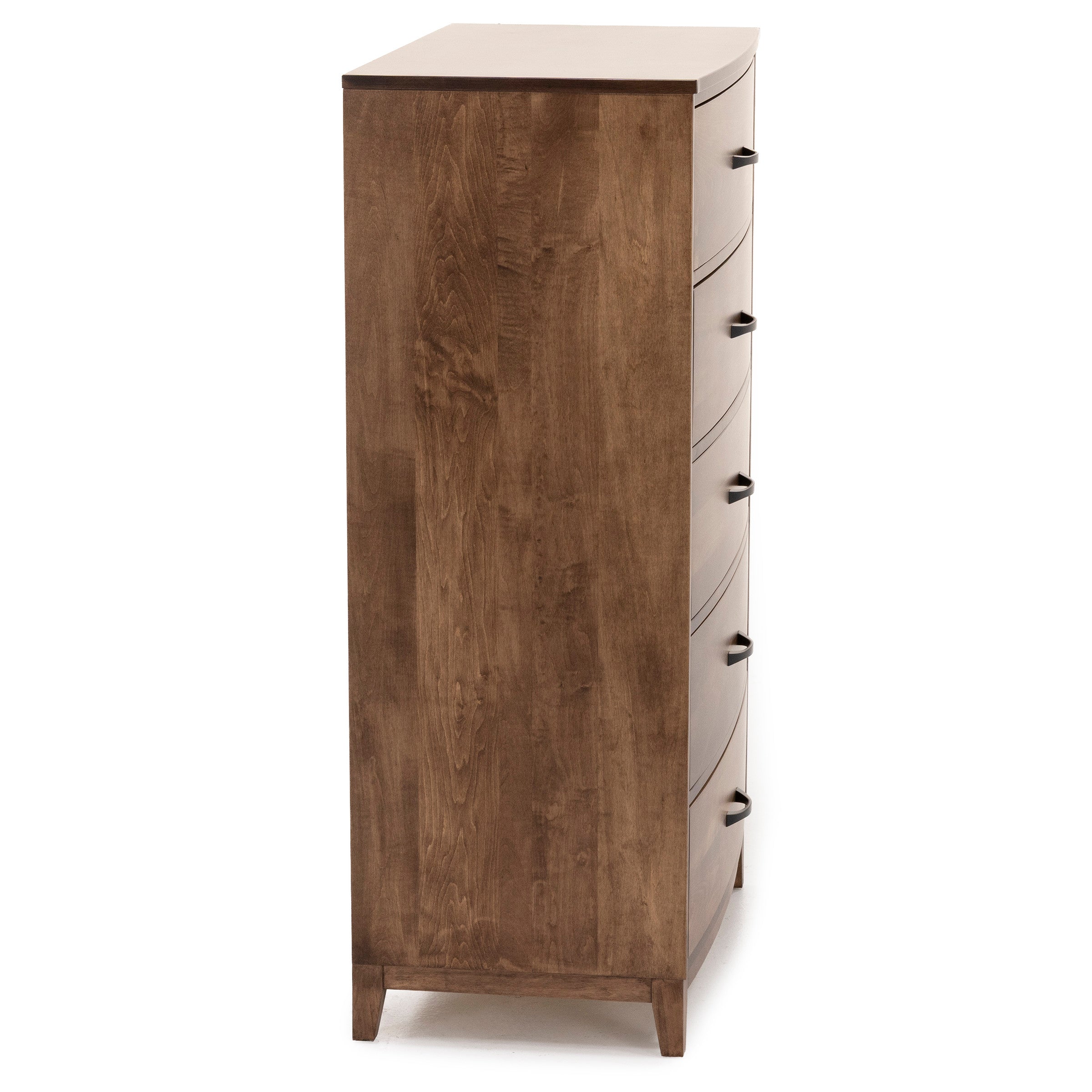 Side view of a tall brown wooden dresser with curved drawer fronts and dark handles.