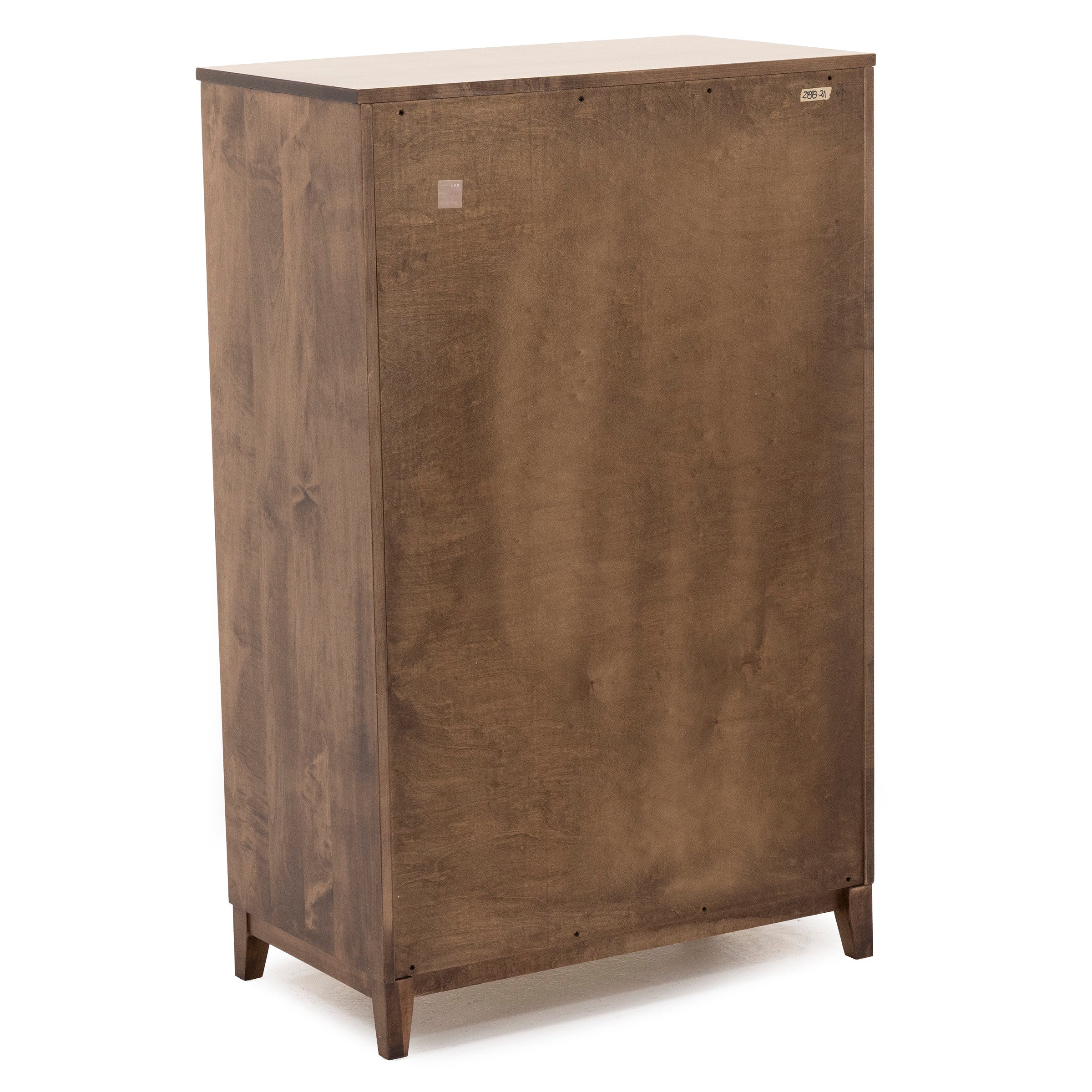 Back view of a tall wooden cabinet with a plain brown finish.