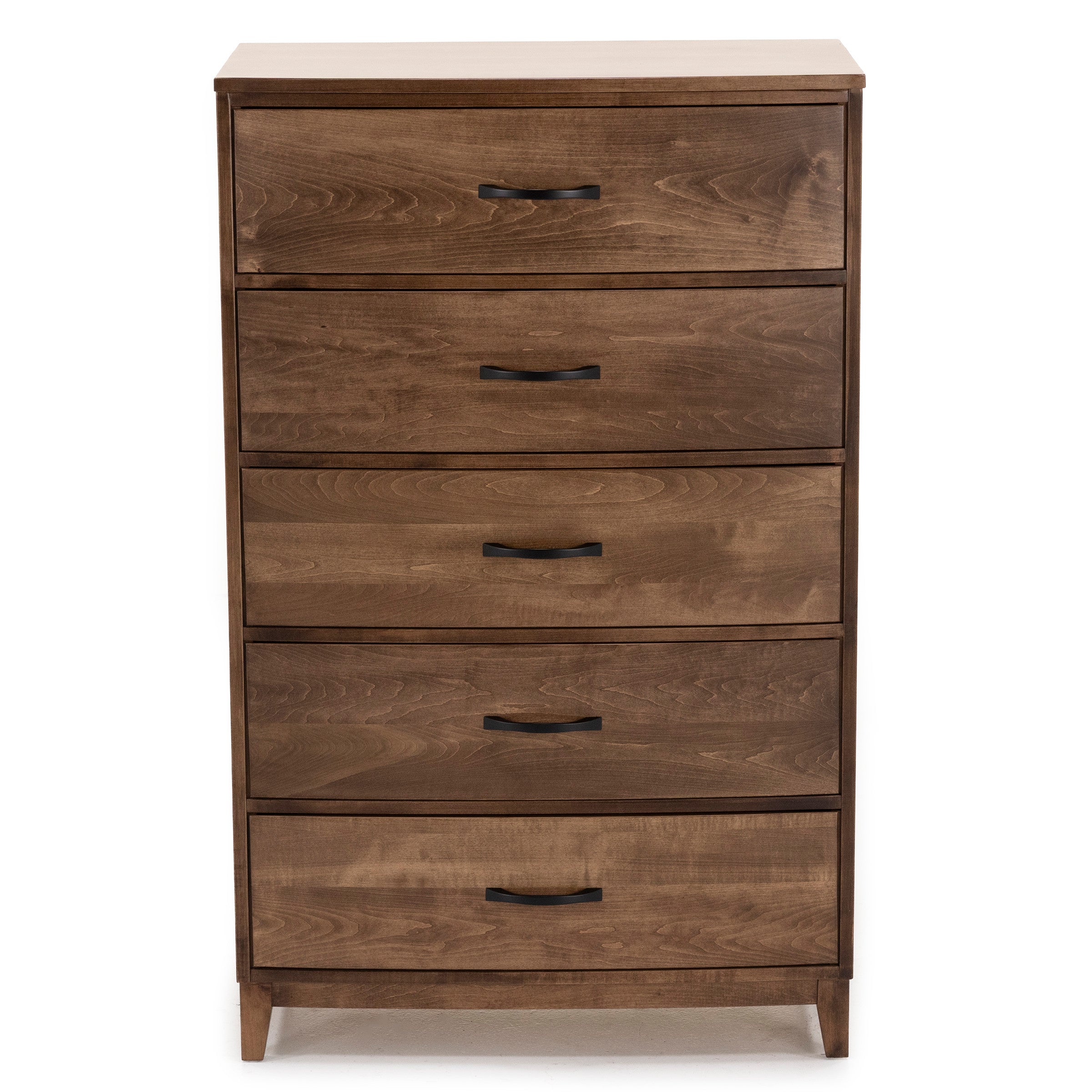 Tall wooden dresser with five drawers and black handles.