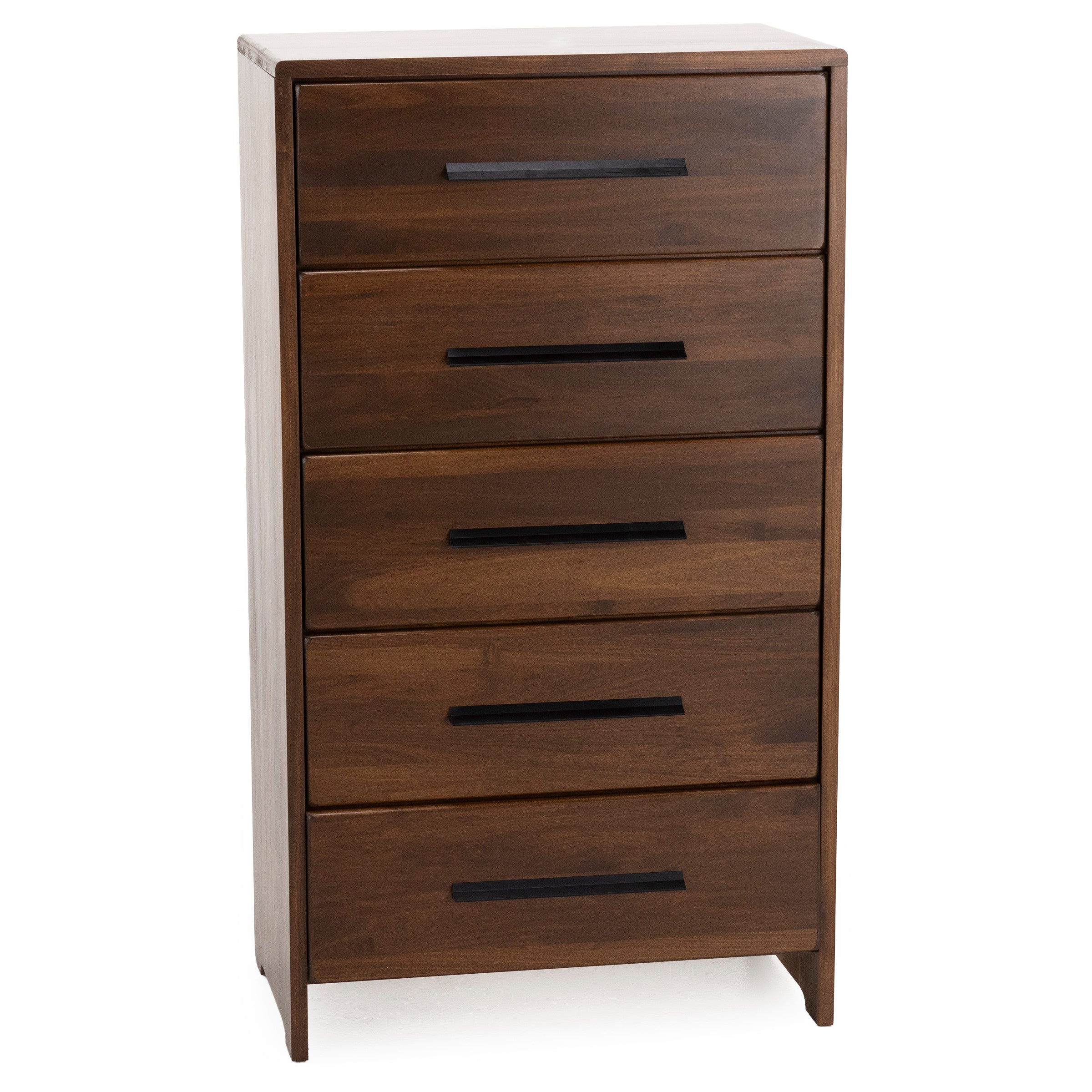 Five-drawer brown wood chest with black handles