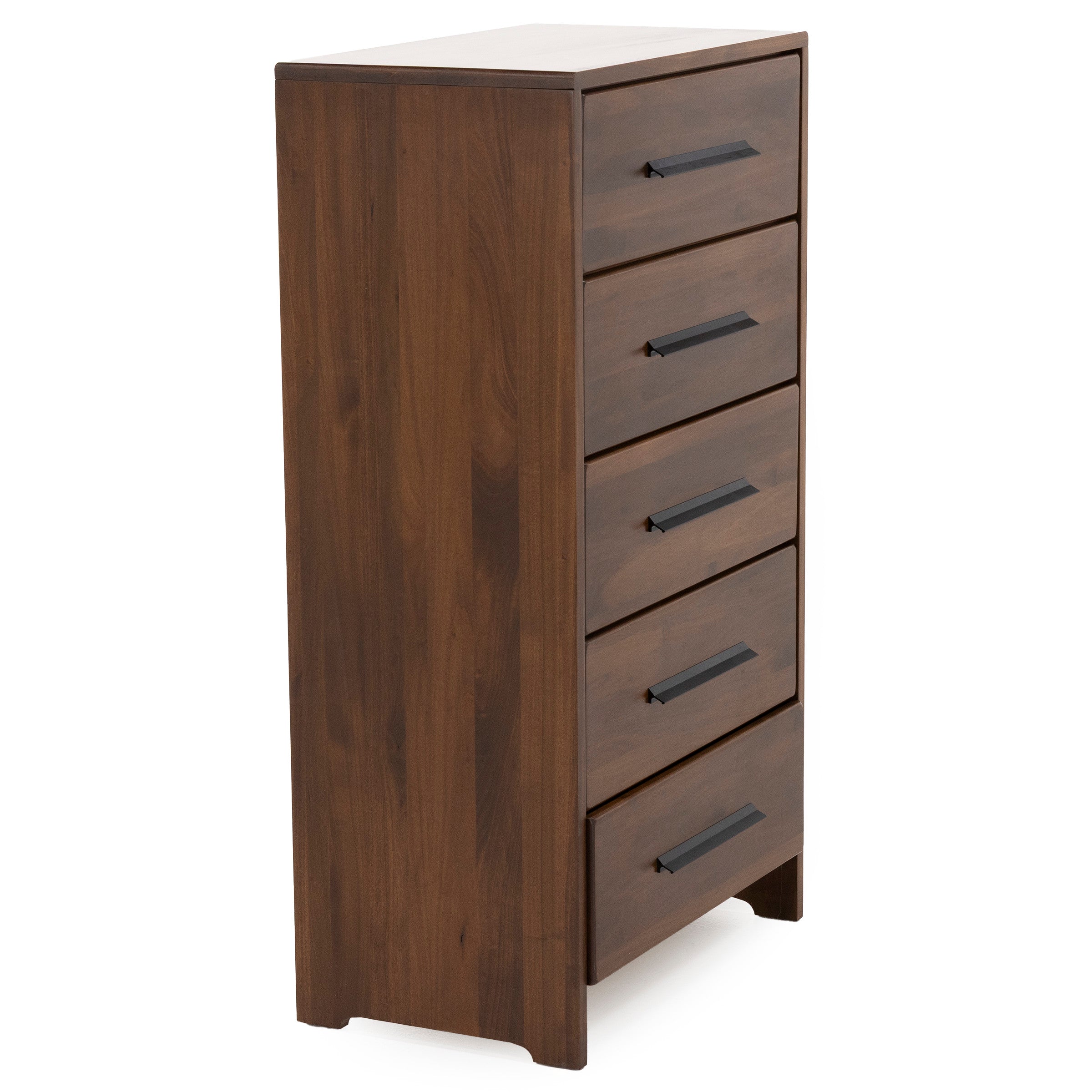 Tall wooden dresser with five drawers and black handles.