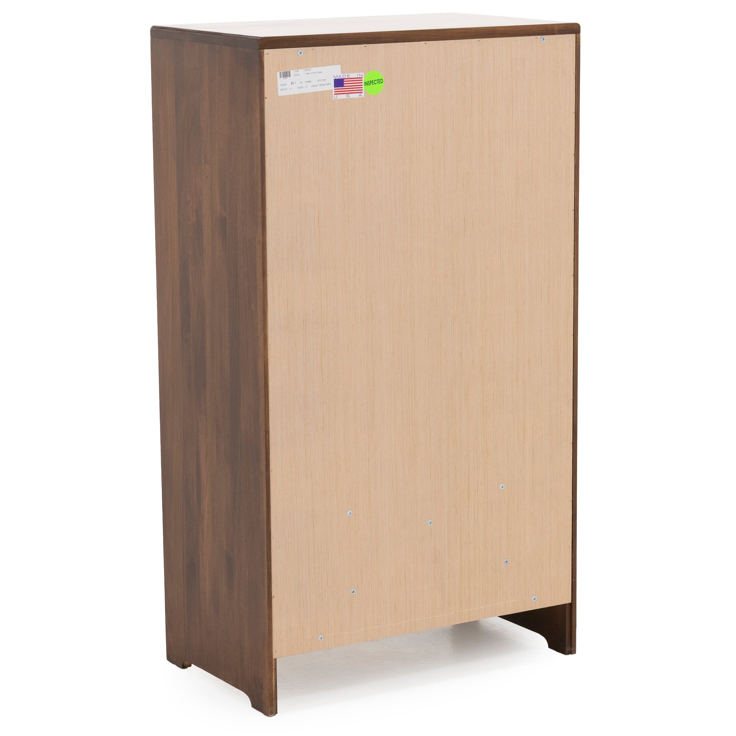 Back view of a wooden cabinet with inspection stickers.
