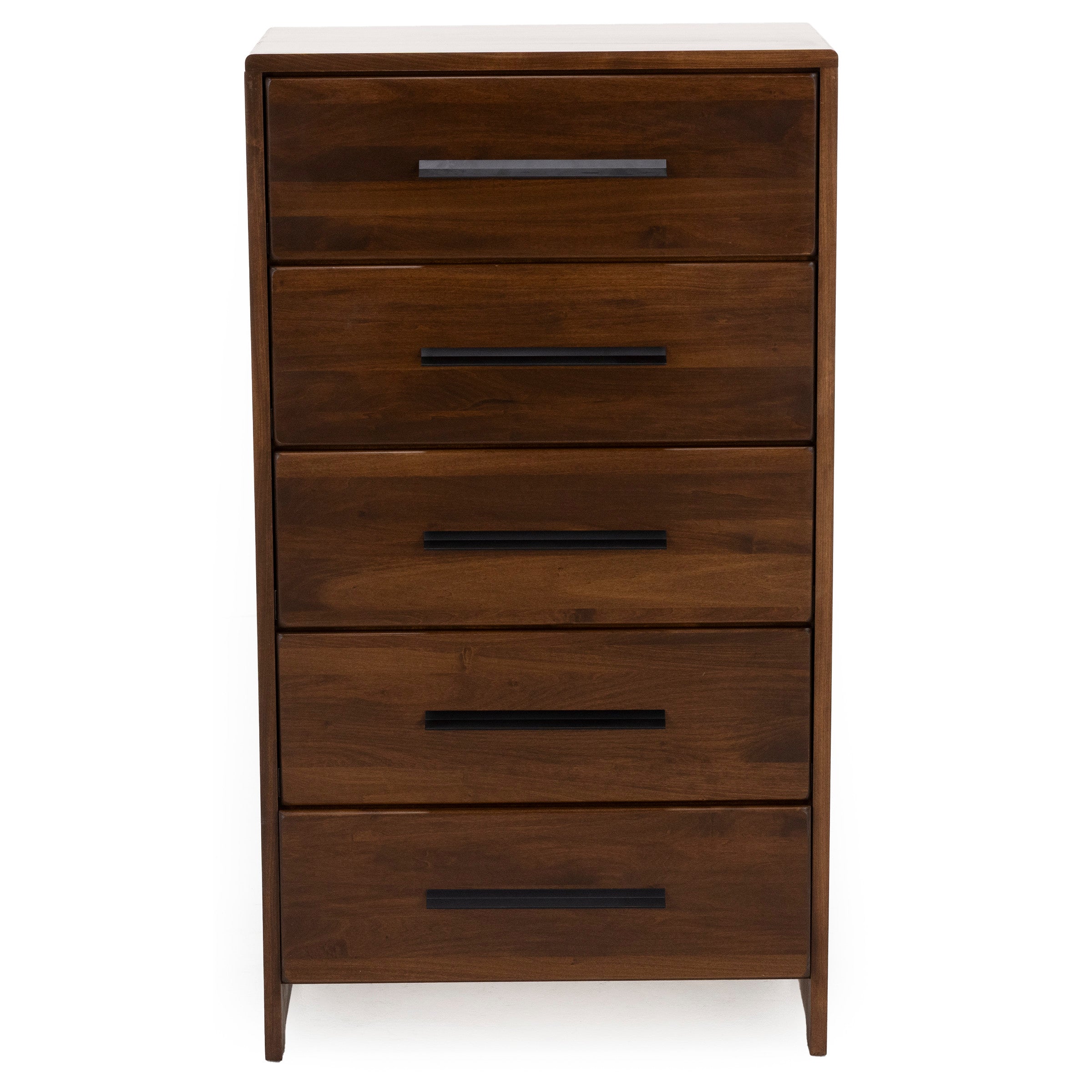 Dark wood five-drawer dresser with black horizontal handles, modern design.