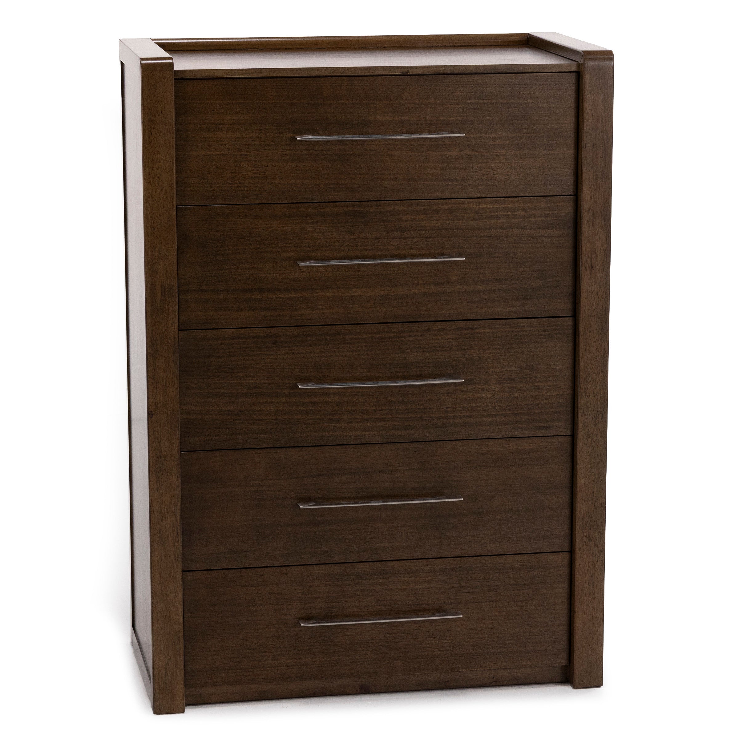 Brown wooden chest with five drawers and modern metal handles.