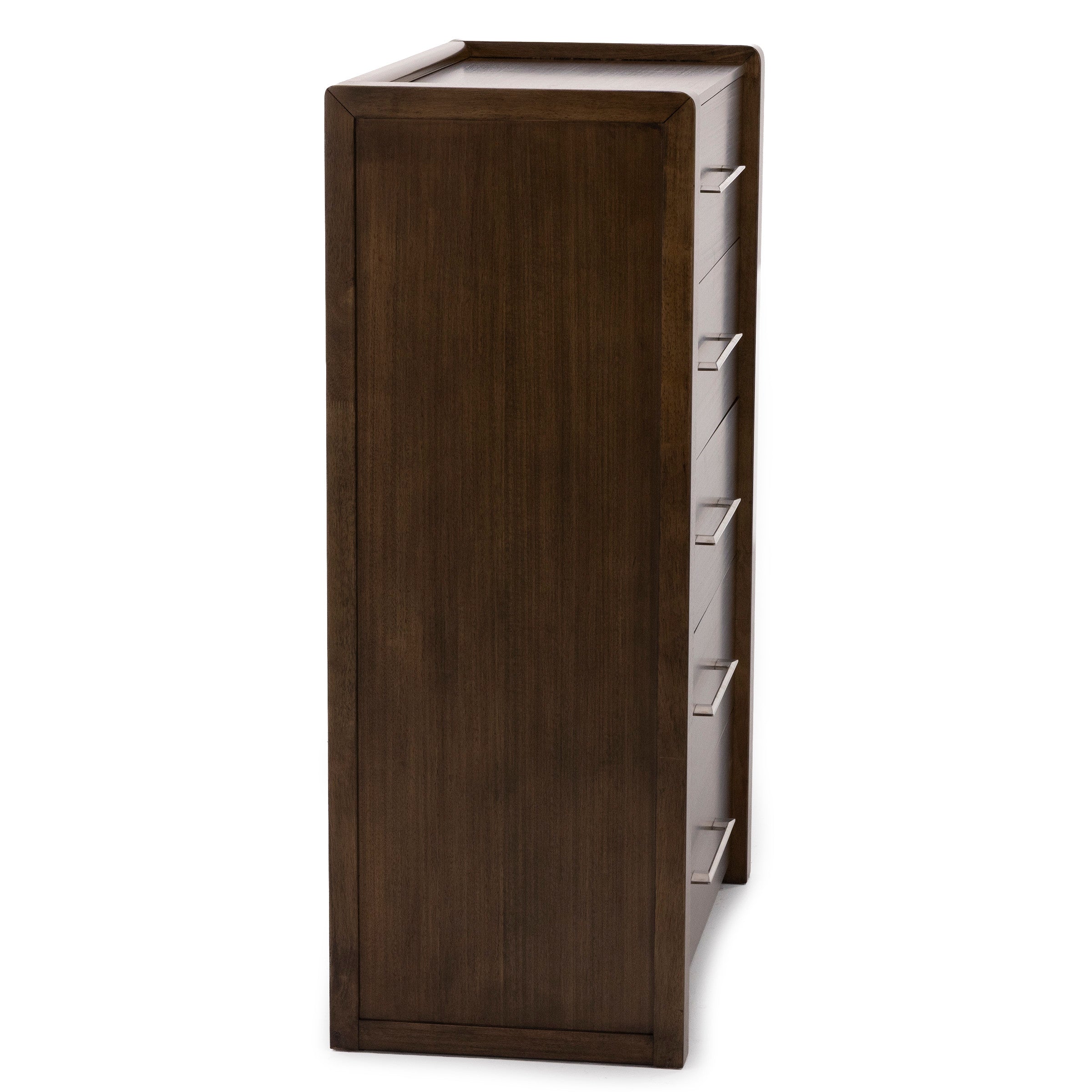 Side view of a tall wooden chest with five drawers and metal handles.