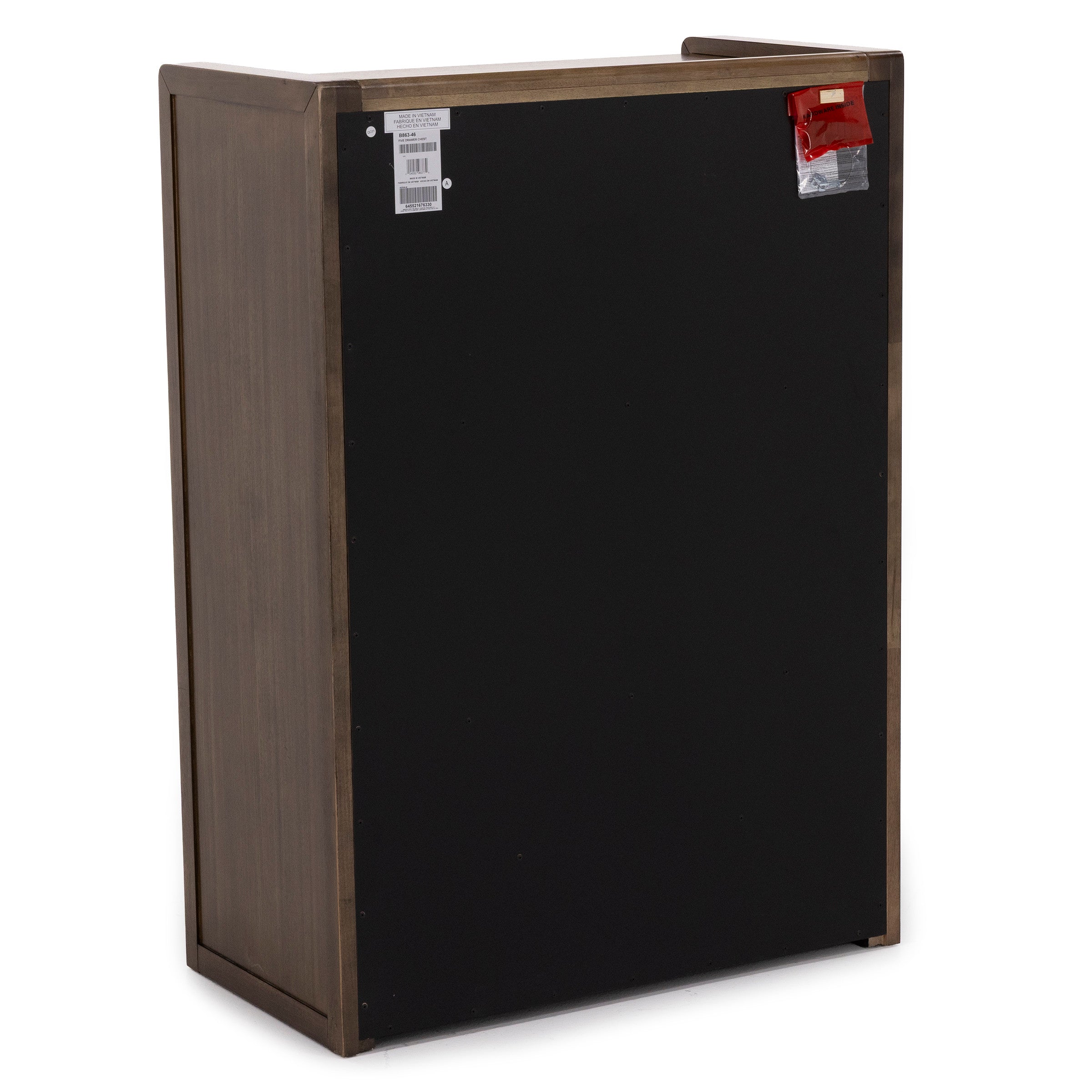 Back view of a wooden cabinet with a black panel and attached packaging.