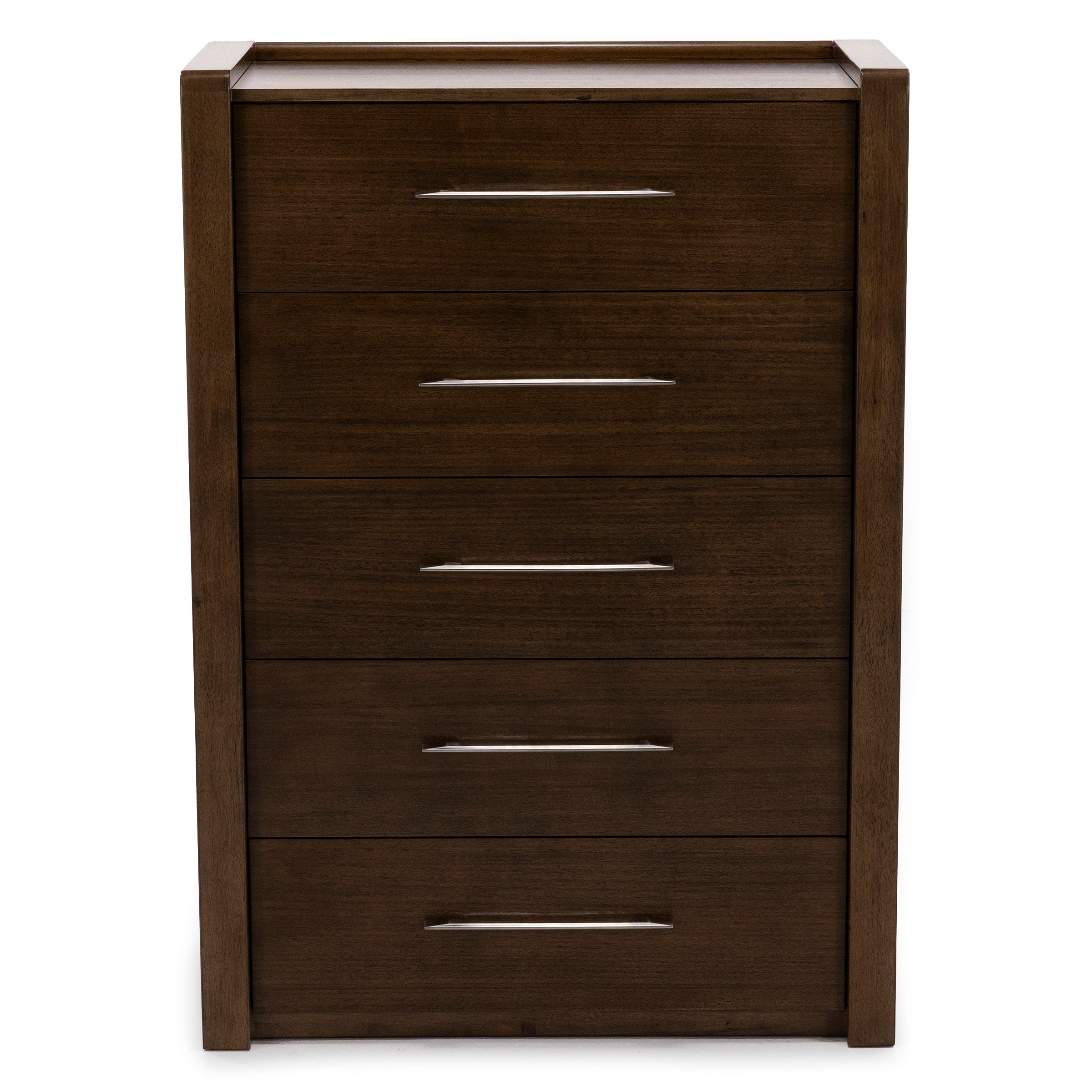 Front view of a five-drawer wooden dresser with metal handles.