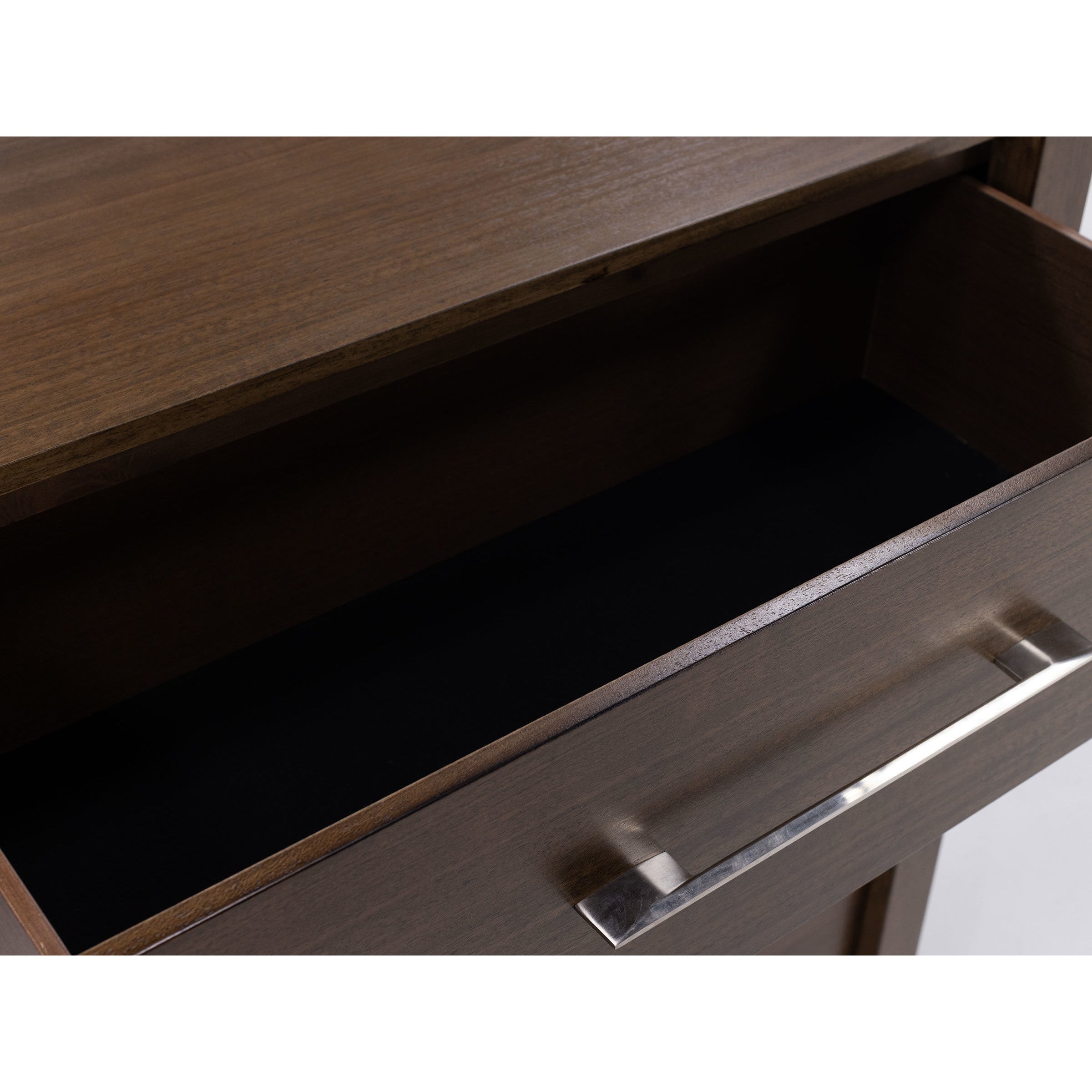 Open wooden drawer with silver handle, shown empty for storage illustration.