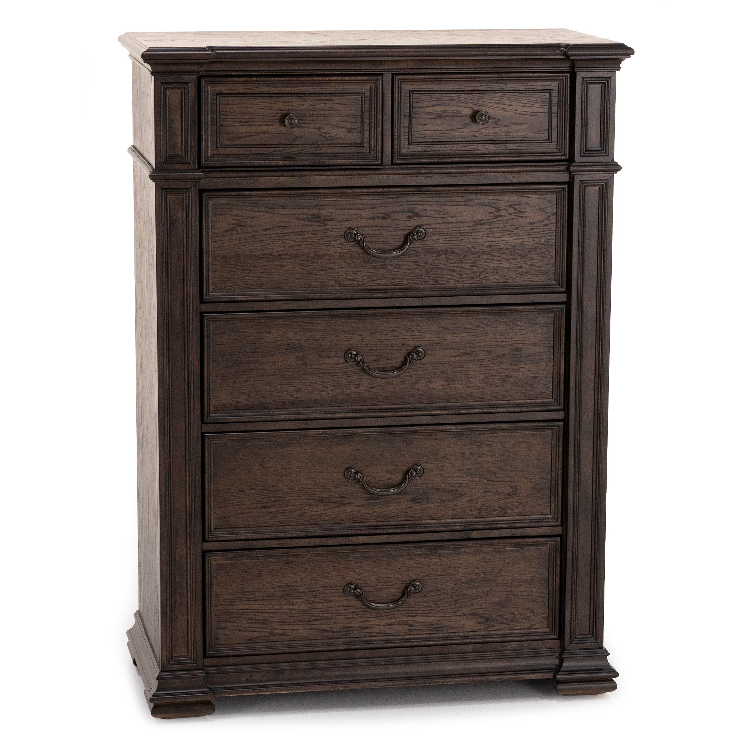 Dark wood chest of drawers with two small top drawers and four large drawers.