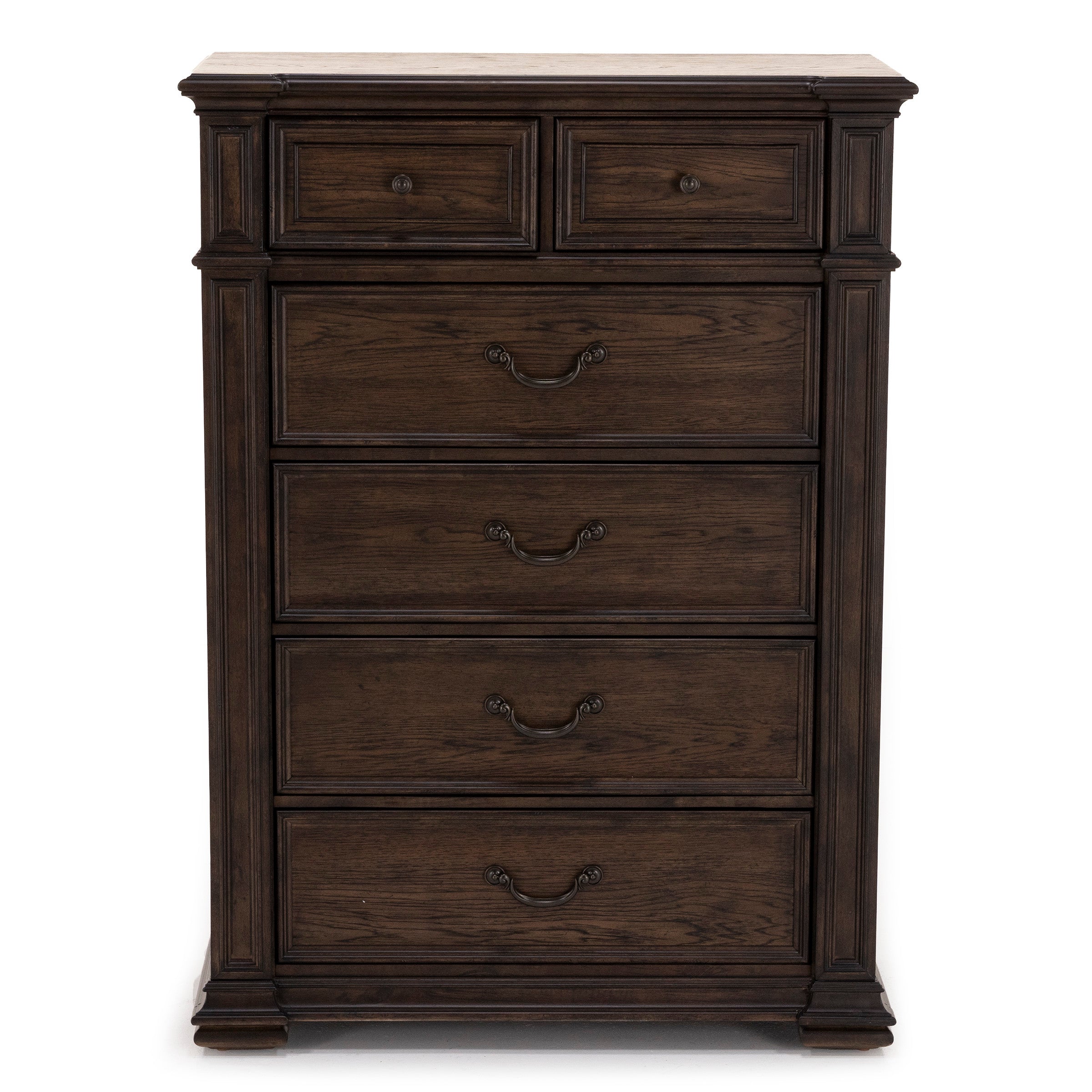 Dark wood chest with five drawers and decorative handles.