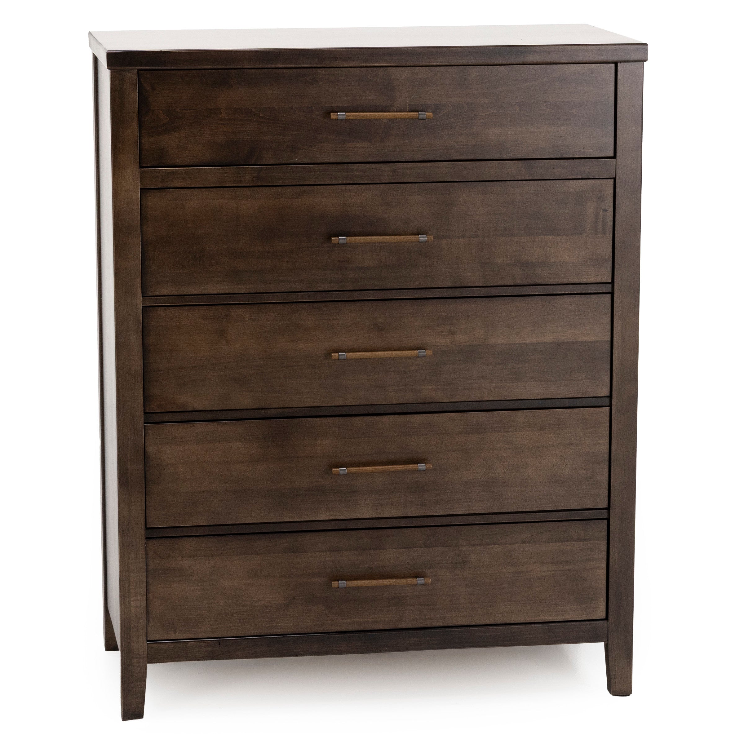 Dark wood chest with five drawers and simple metal handles.