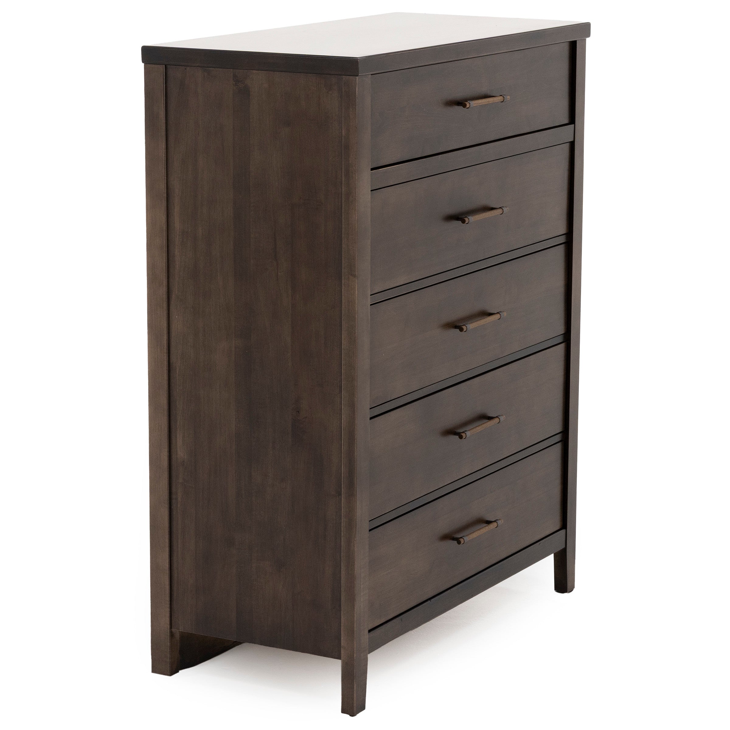 Dark wood chest of drawers with five pull handles, shown at an angle.