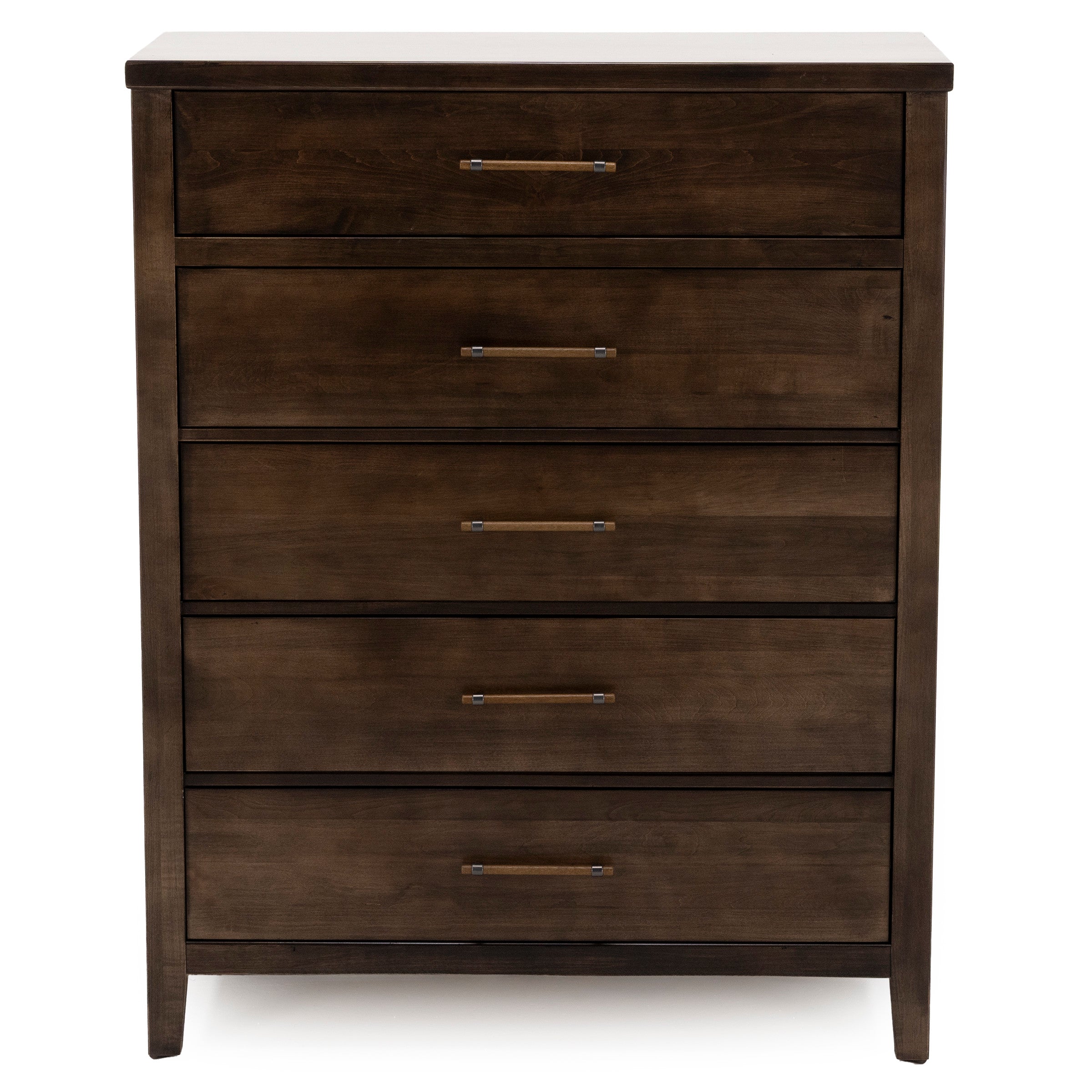 Dark wood dresser with five drawers and metal handles.