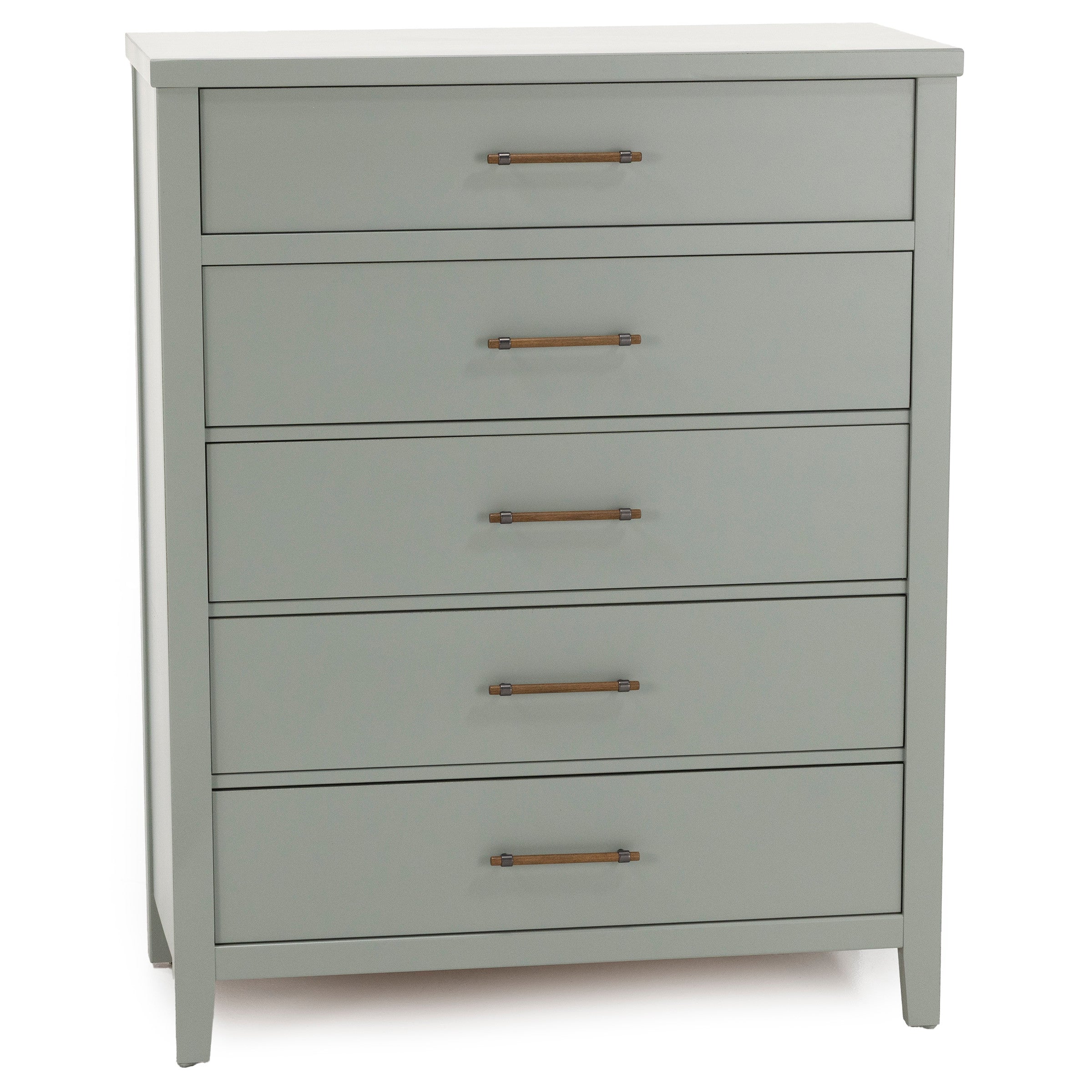 Light grey dresser with five drawers and wooden handles.