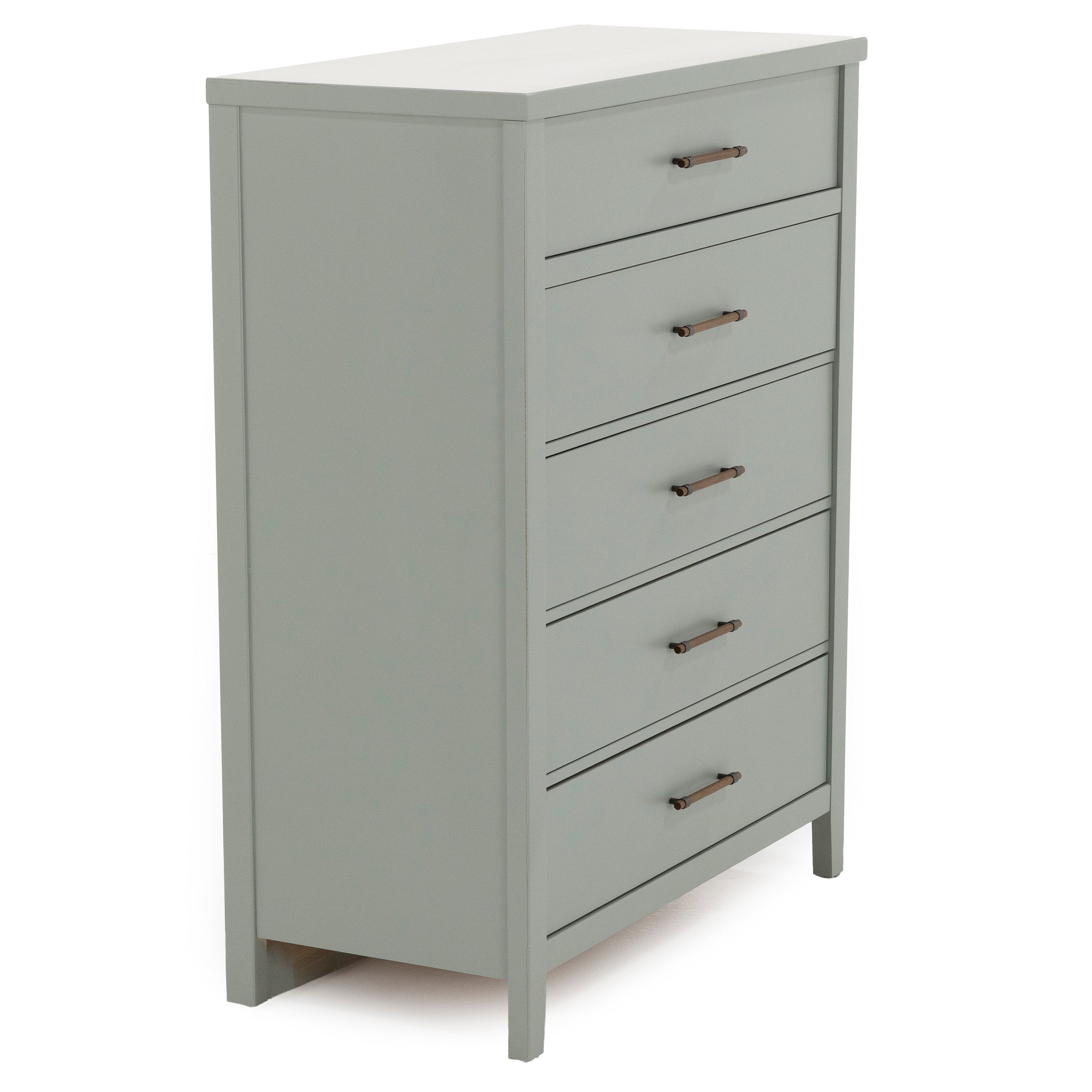Light gray chest of drawers with four drawers and metal handles.