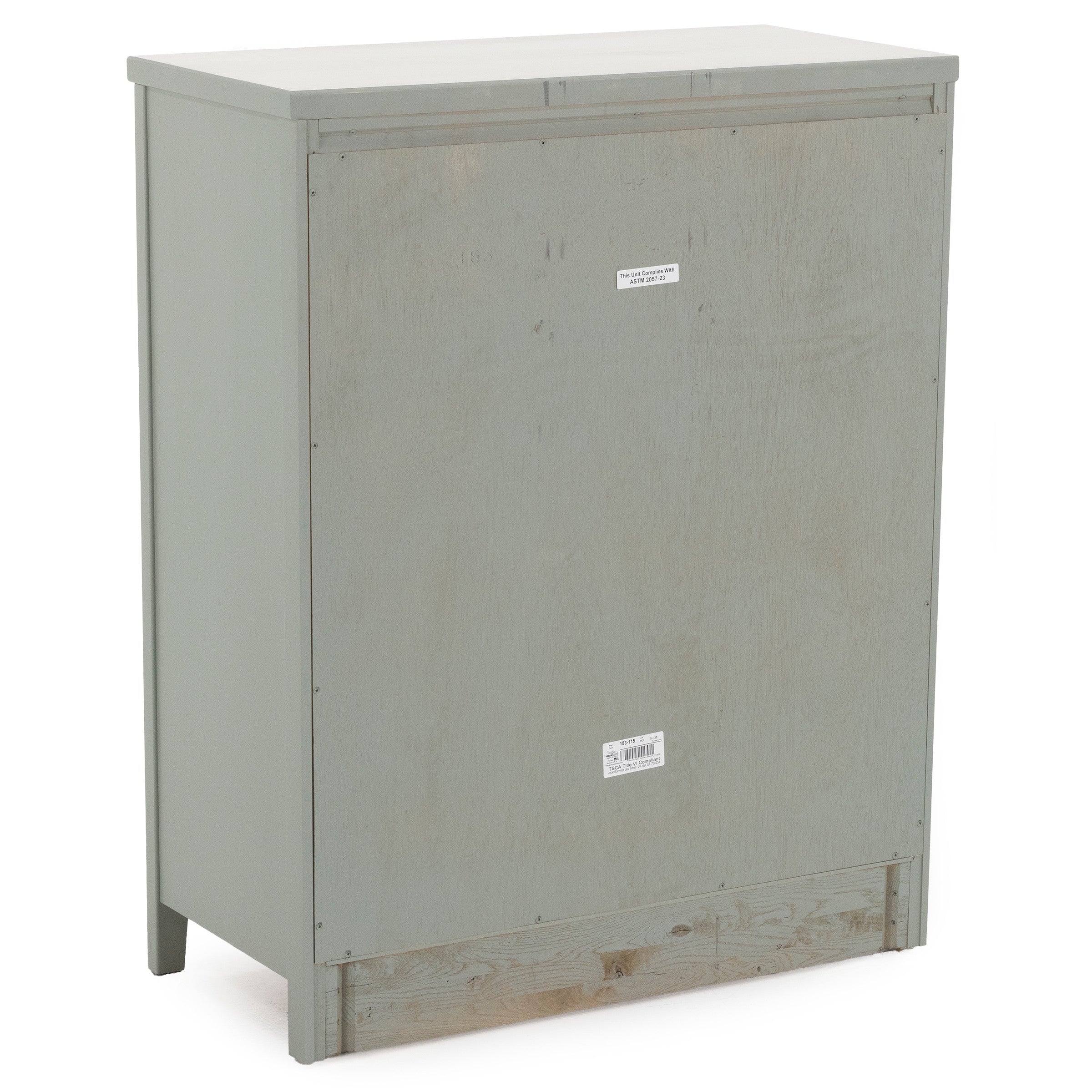 Back view of a plain, light gray wood cabinet.