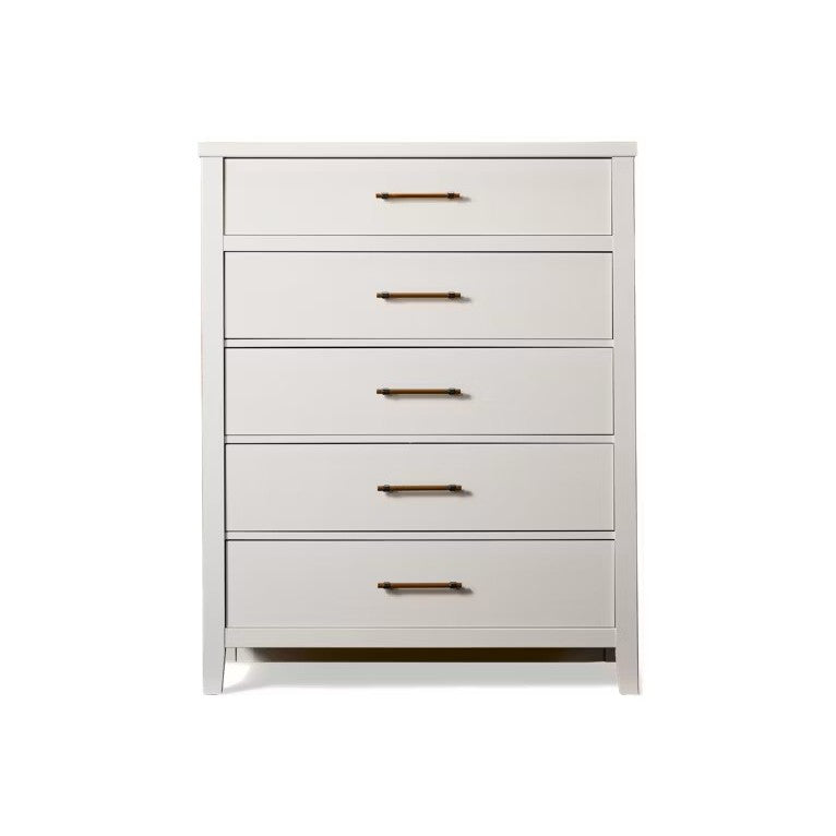 White five-drawer dresser with metal handles, modern and simple design.