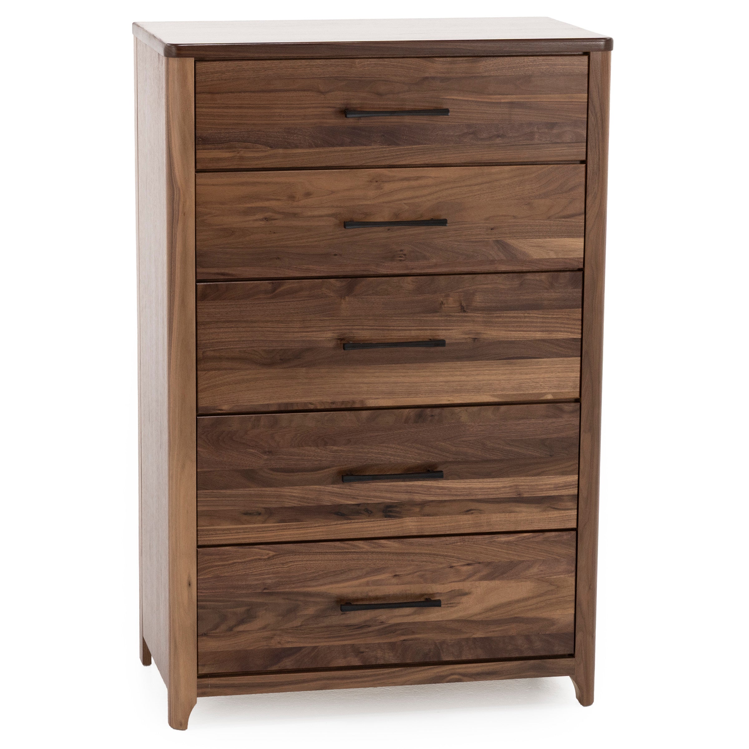 Tall wooden dresser with five drawers and black handles.