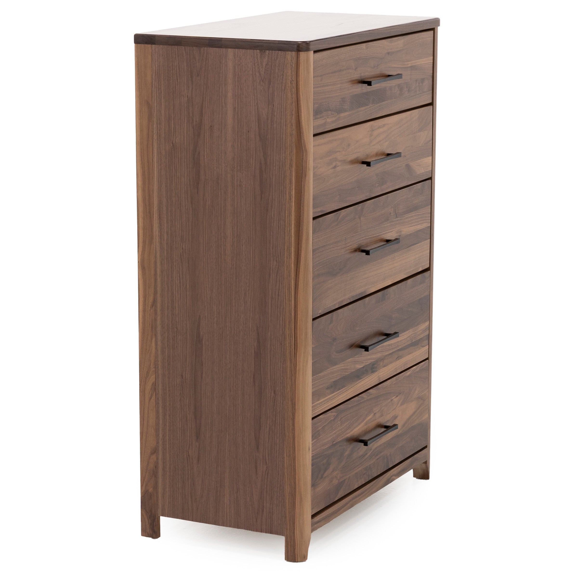 Tall wooden dresser with five drawers and black handles.