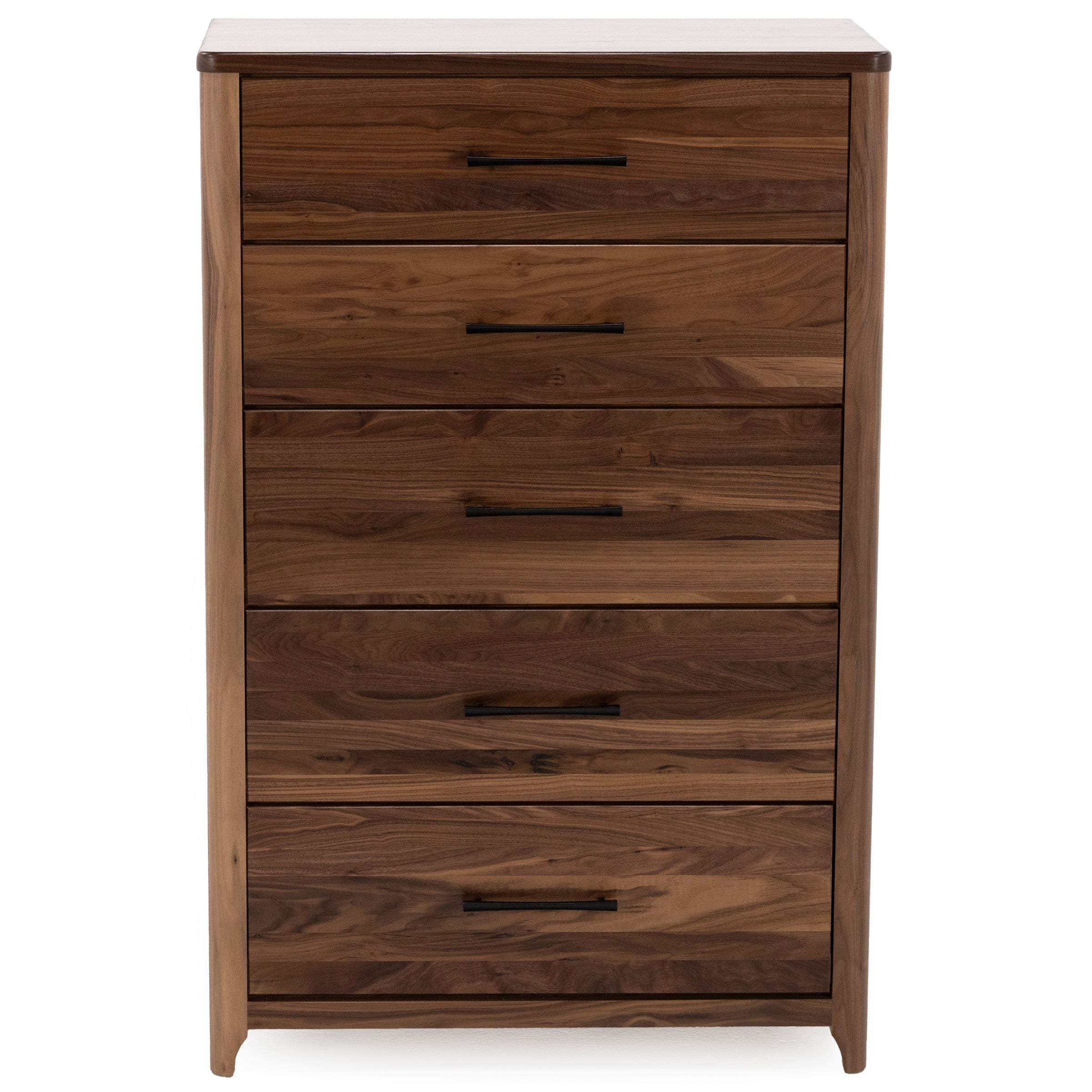 Tall wooden dresser with five drawers and black metal handles.