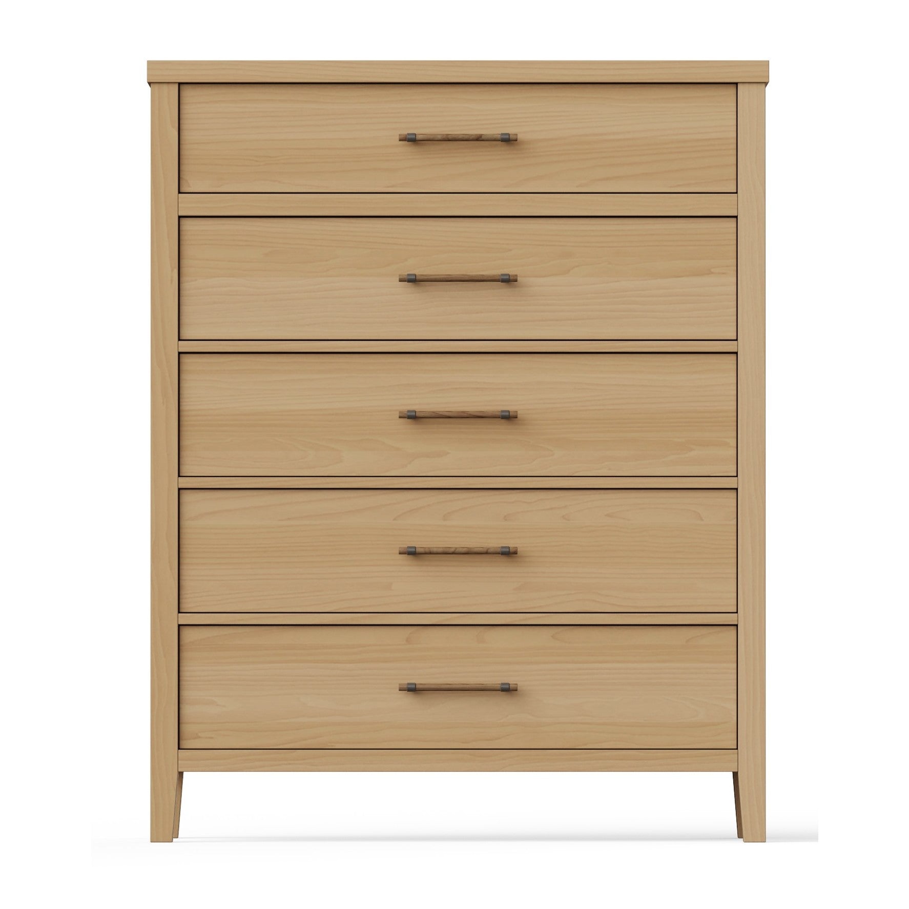 Light wood dresser with five drawers and horizontal handles, front view.