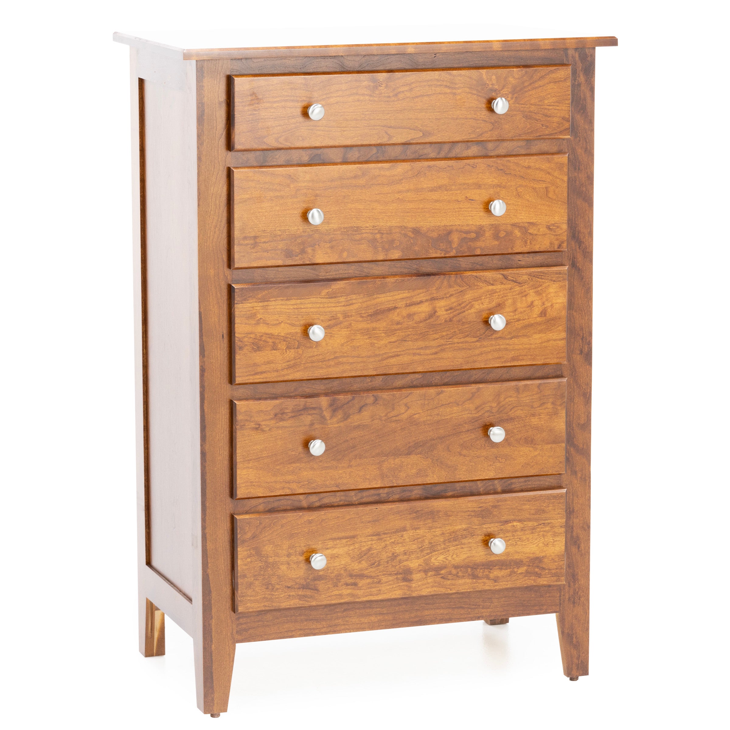 Wooden chest with five drawers and silver knobs.