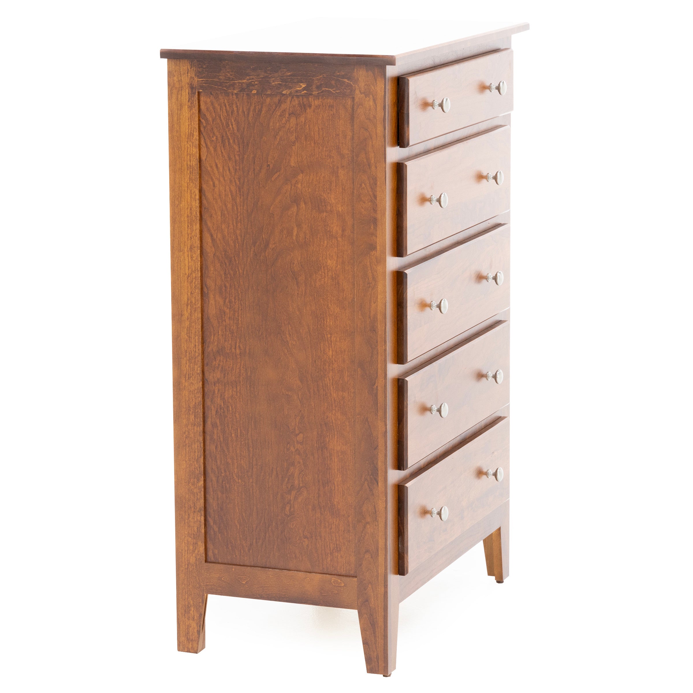 Tall wooden dresser with five drawers and round metal knobs.