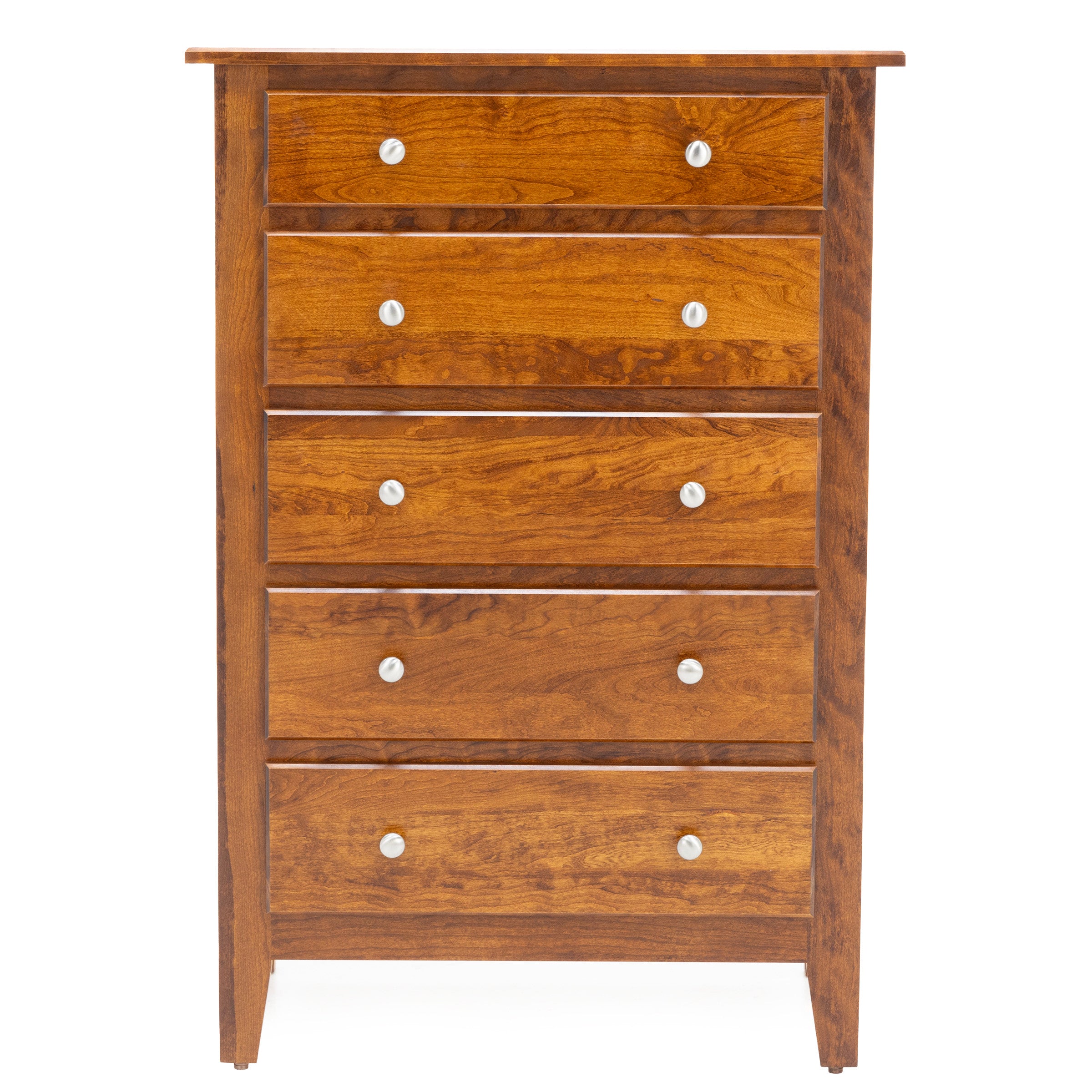 Tall wooden dresser with five drawers and round metal knobs.