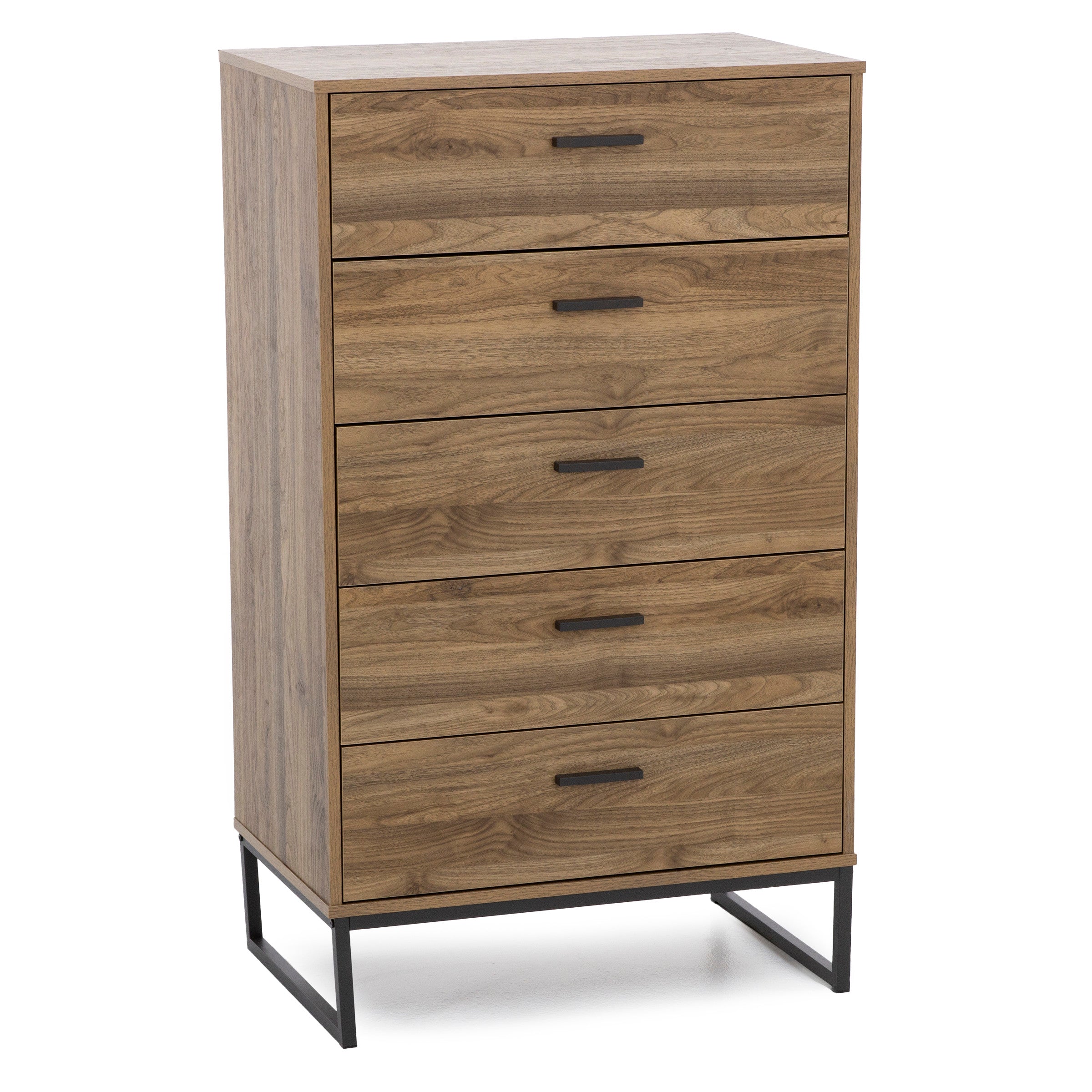 Modern wood dresser with five drawers and black metal legs