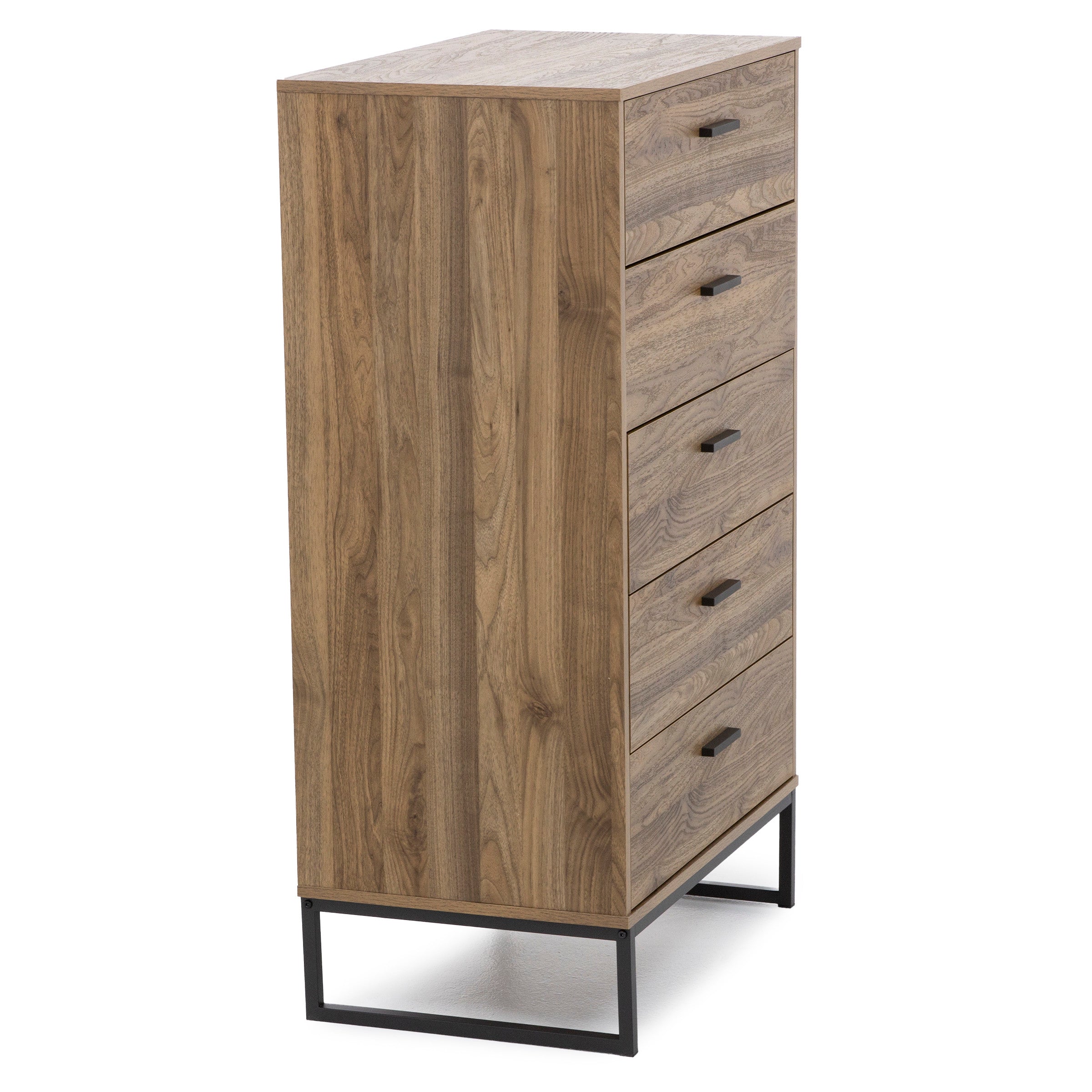 Tall wood dresser with four drawers and black metal legs.