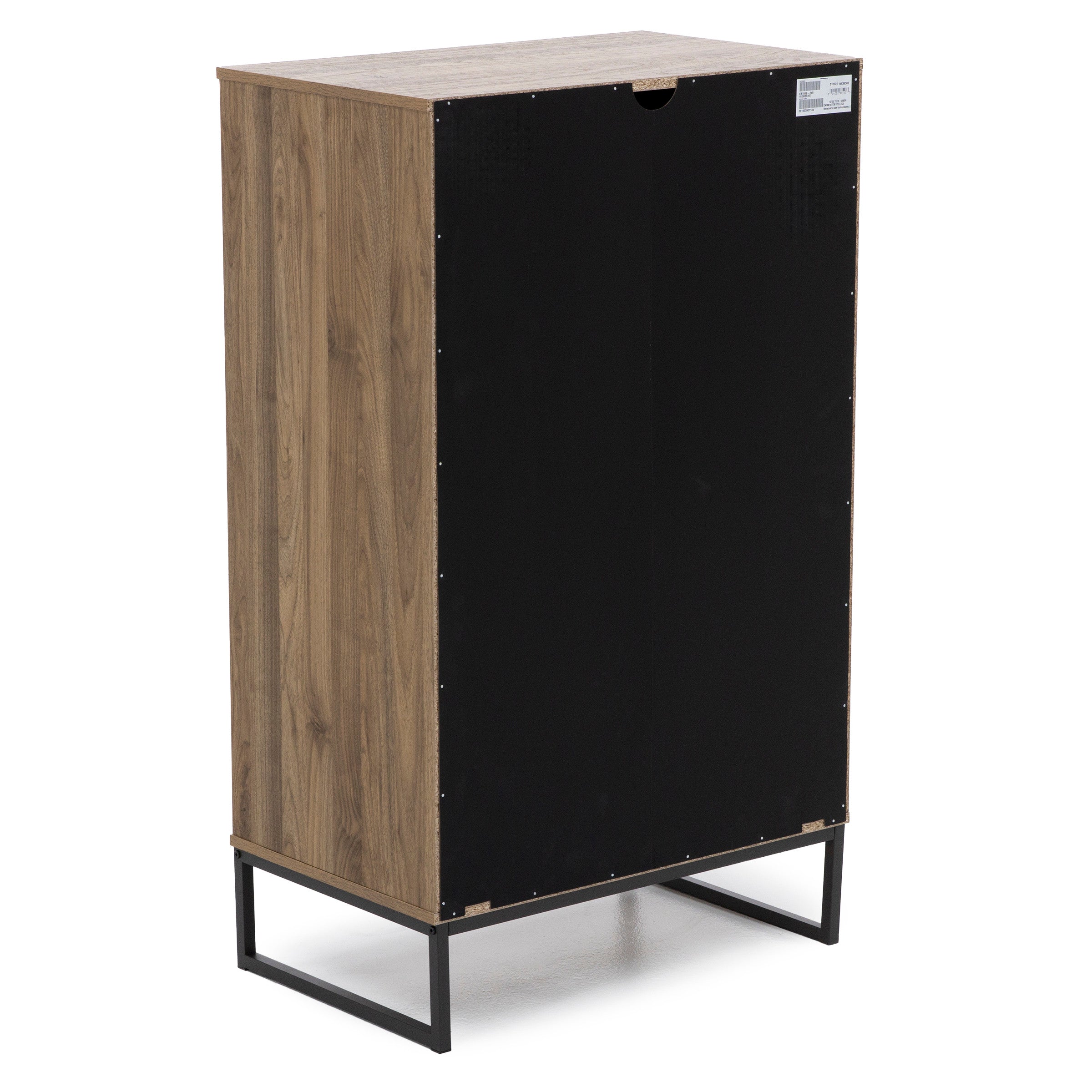 Back view of a wood cabinet with black panel and metal legs.