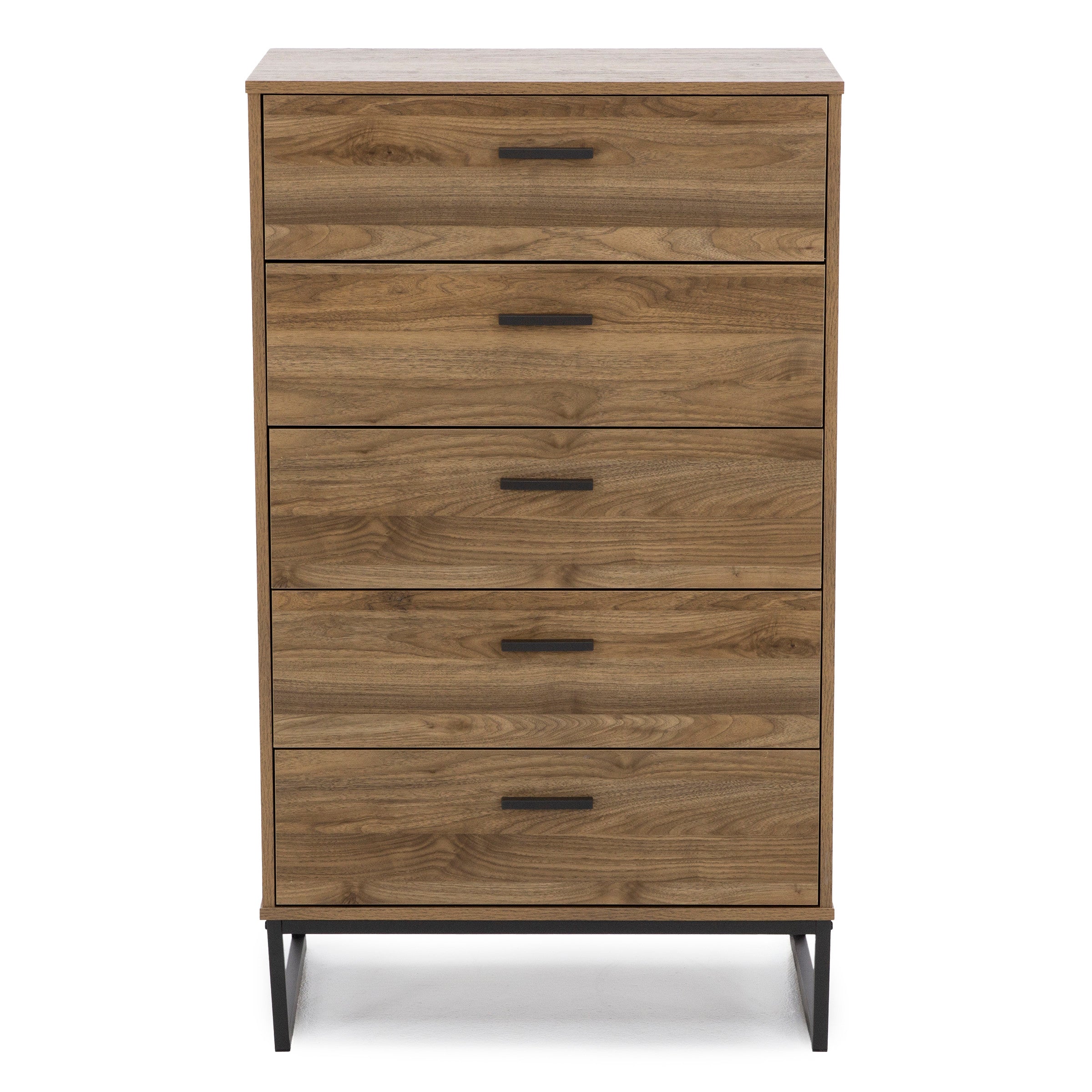 Modern five-drawer wood chest with metal legs and horizontal handles.