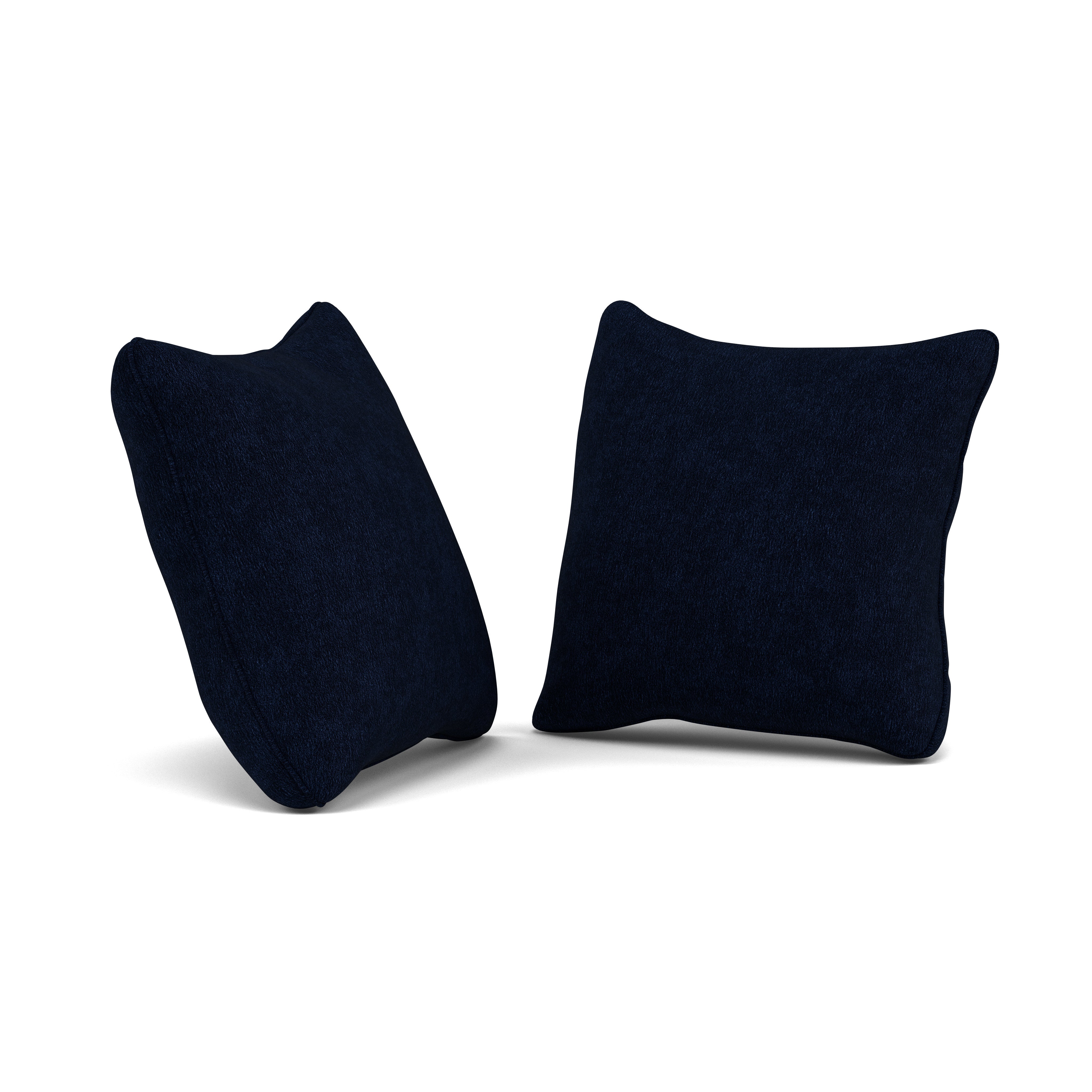 Two navy blue square pillows on a white background.