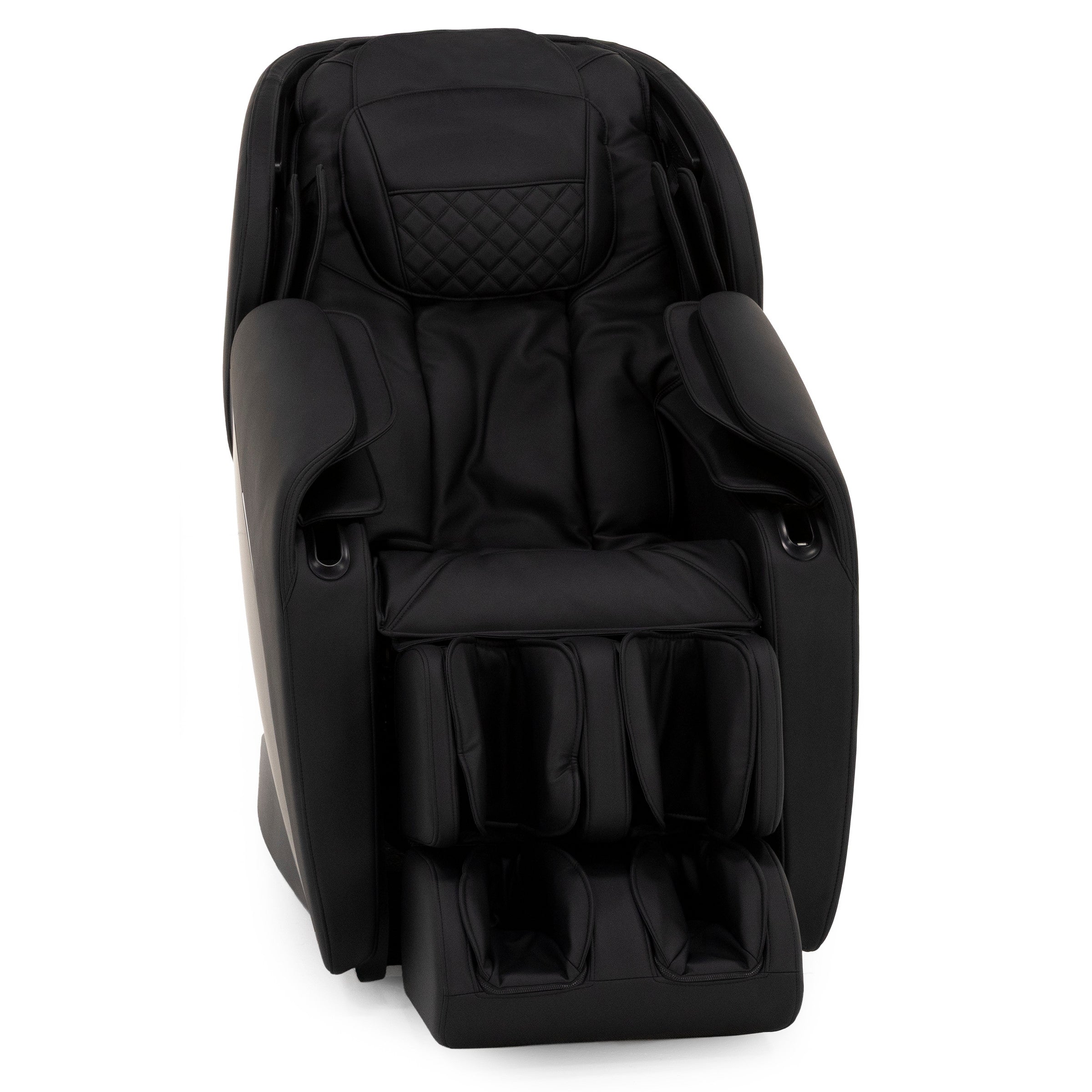 Black massage chair with padded armrests and leg supports, front facing.