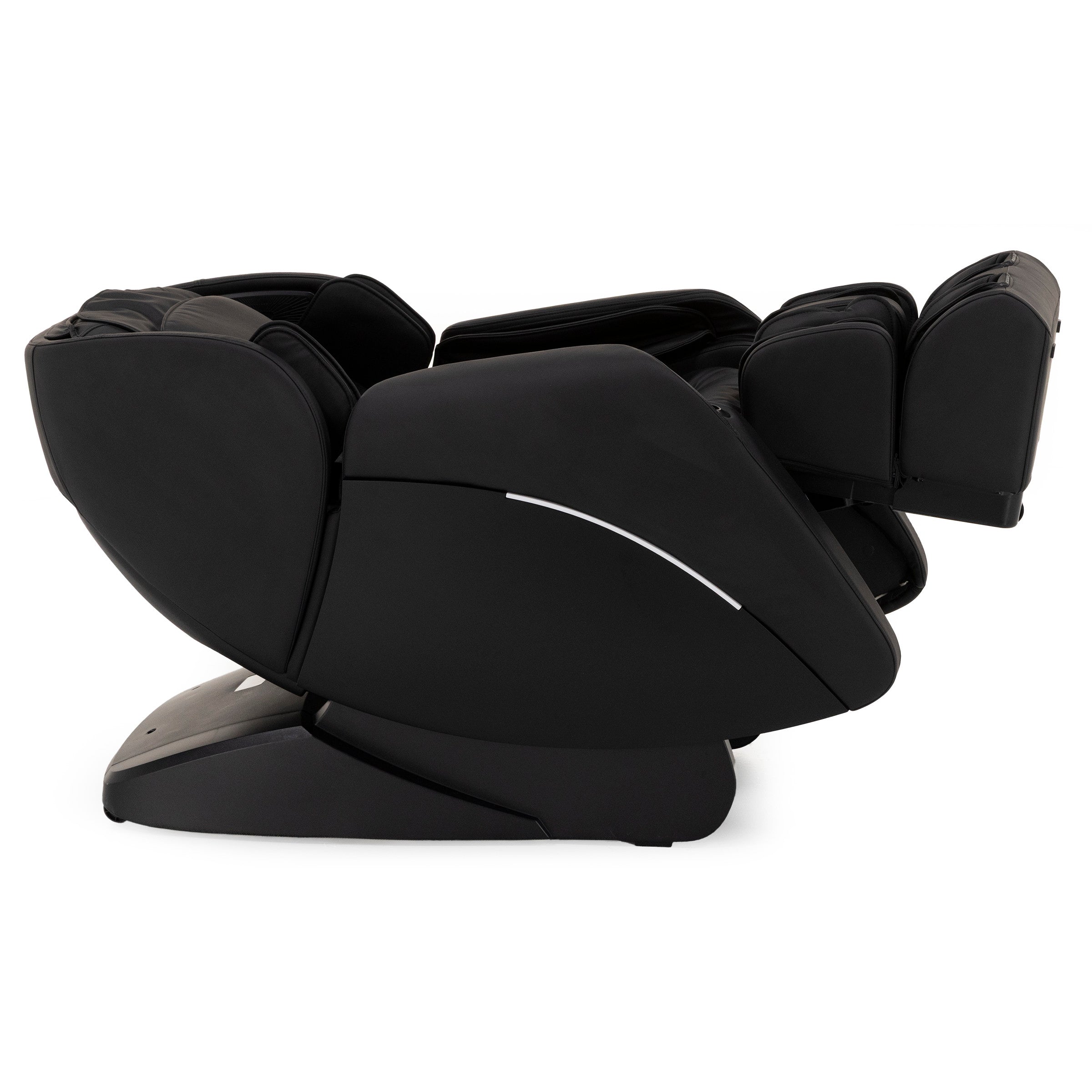 Side view of a black, modern massage chair in a reclined position.