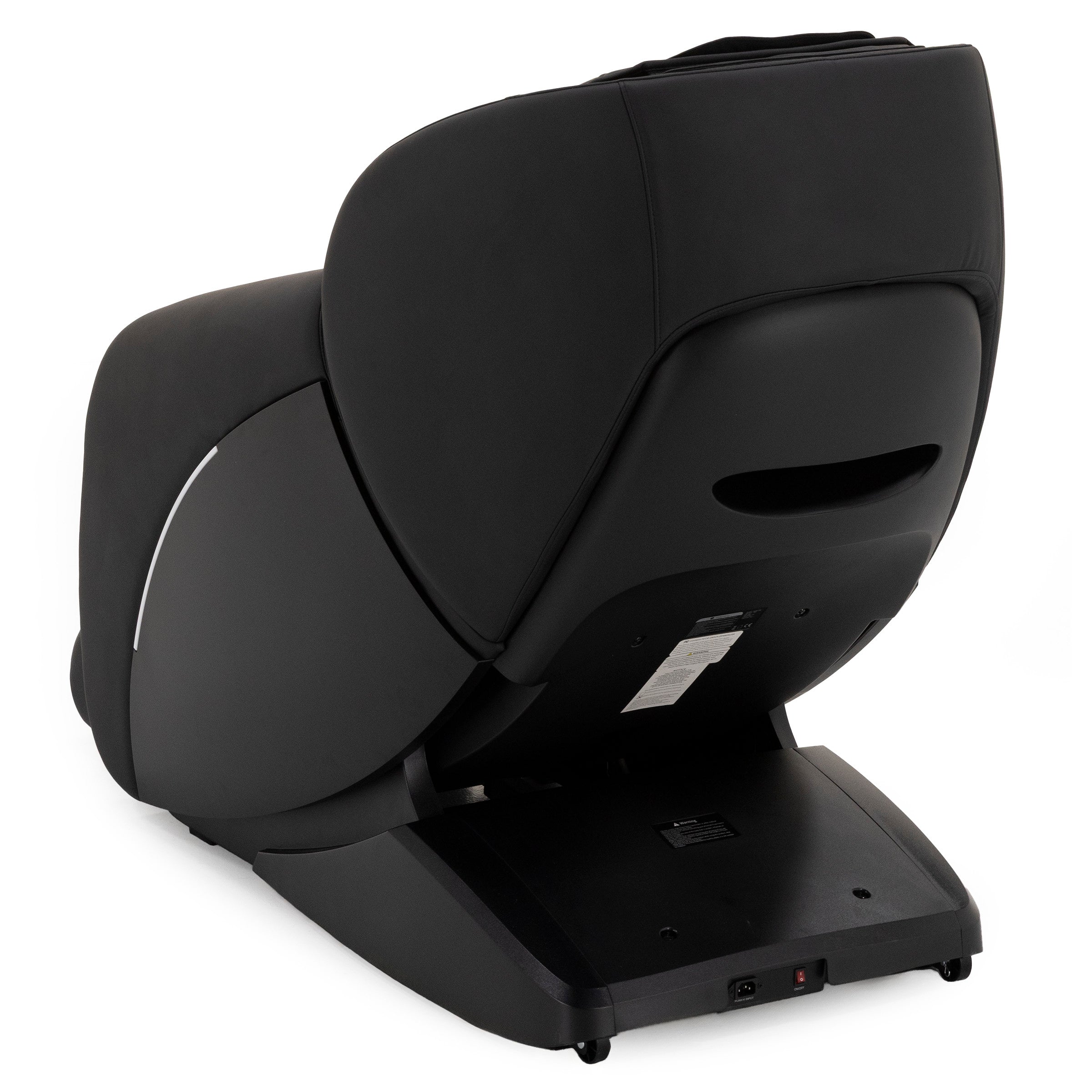 Rear view of a black massage chair recliner on a white background.