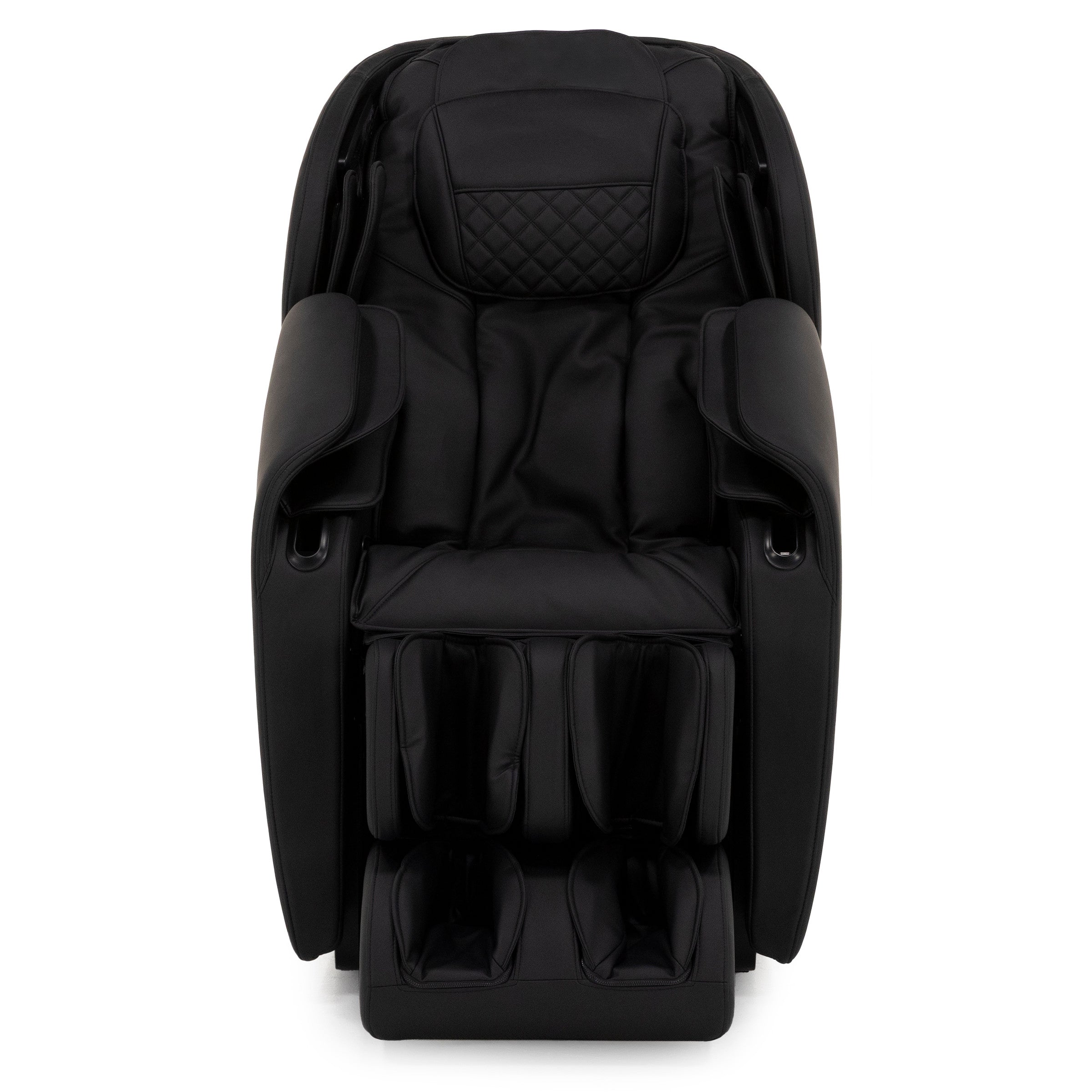 Black massage chair with padded armrests, headrest, and leg compartments, front view.
