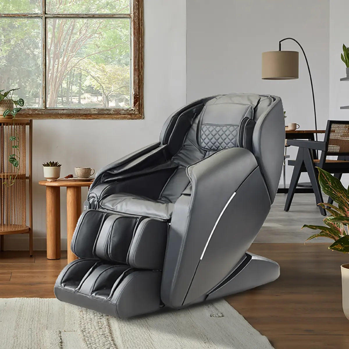 Modern black massage chair in a stylish living room.