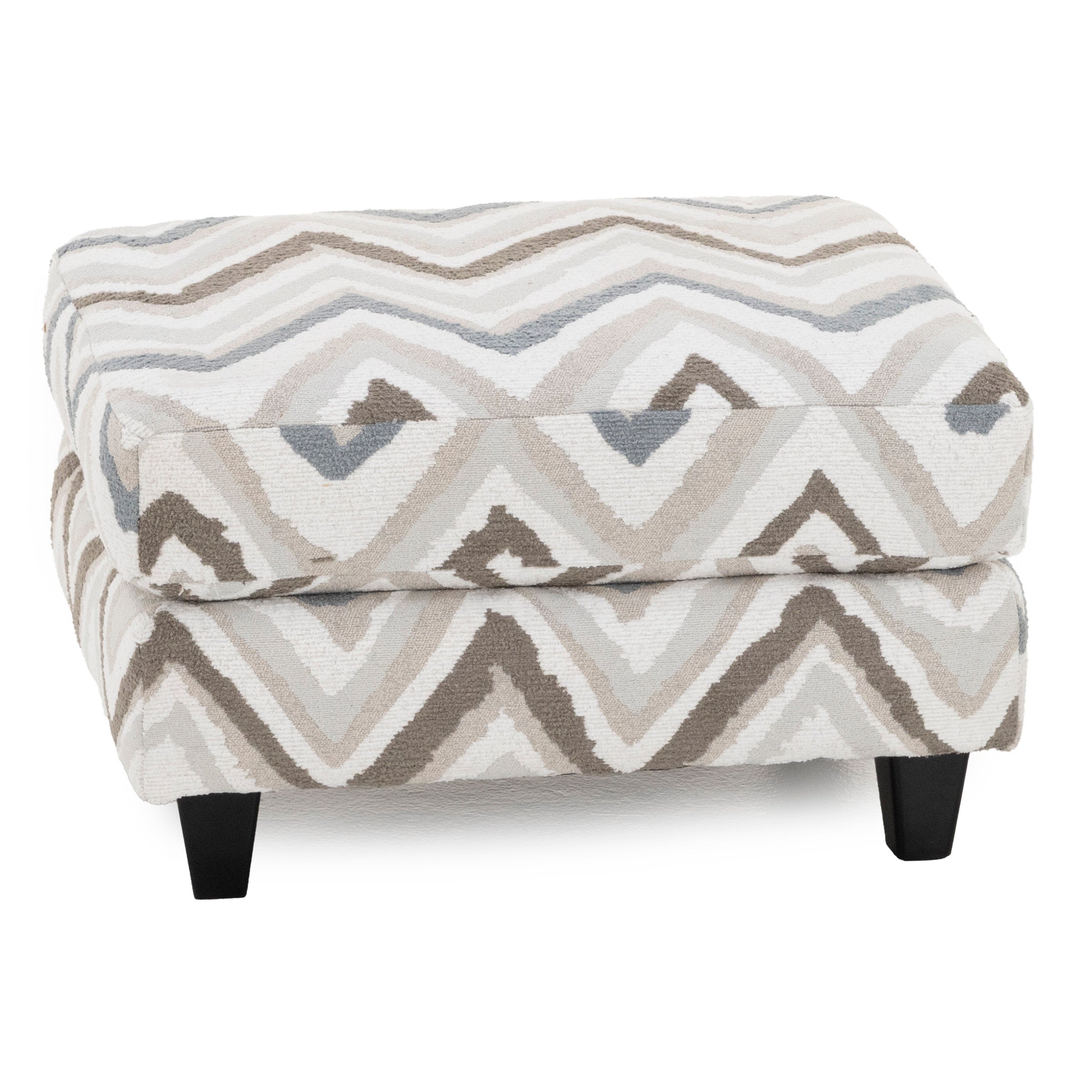 Beige and gray patterned ottoman with wooden legs.