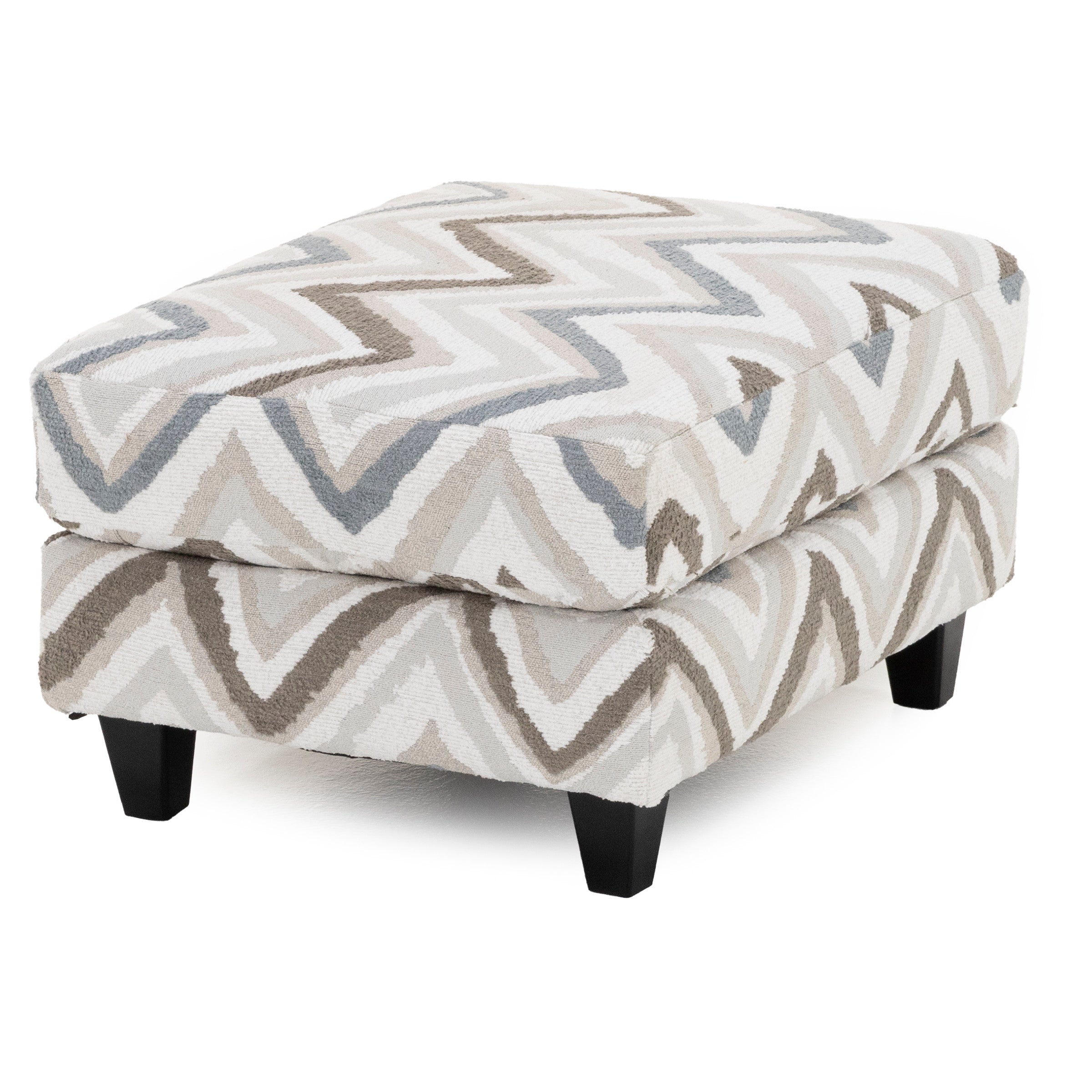 Chevron-patterned rectangular ottoman with wooden legs.