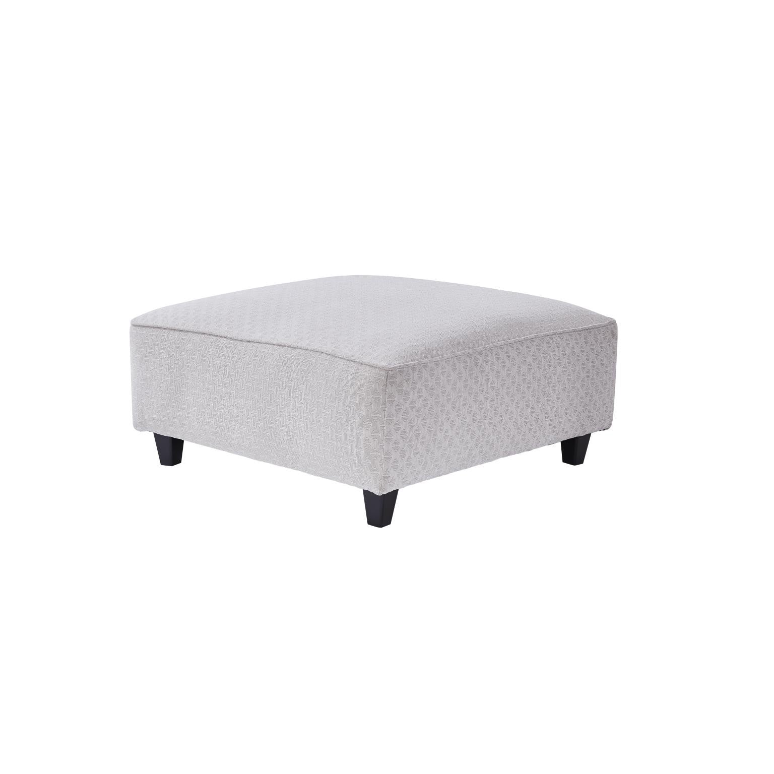 Square upholstered ottoman with light gray fabric and dark wooden legs.