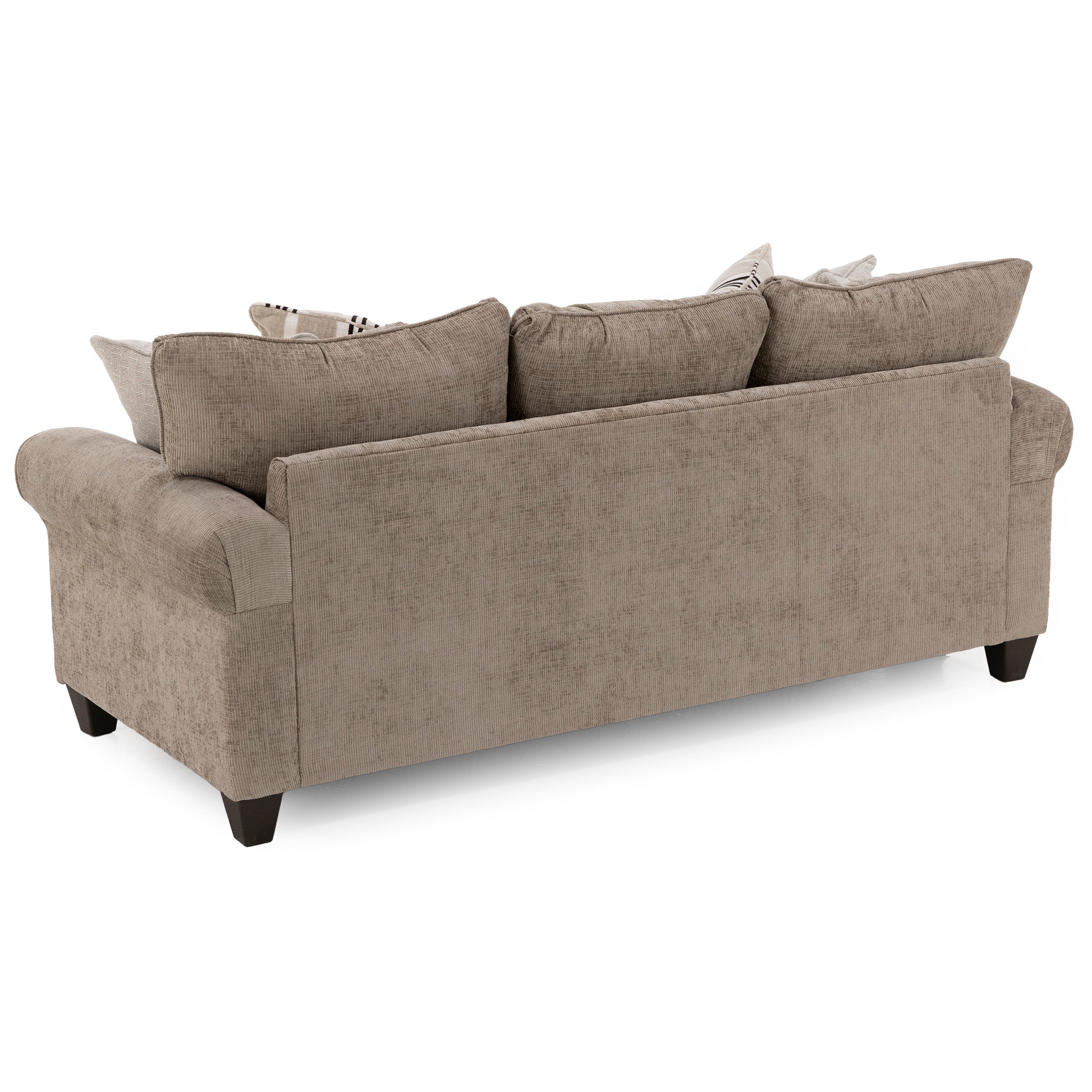 Back view of a beige upholstered sofa with plush back cushions and wood legs.