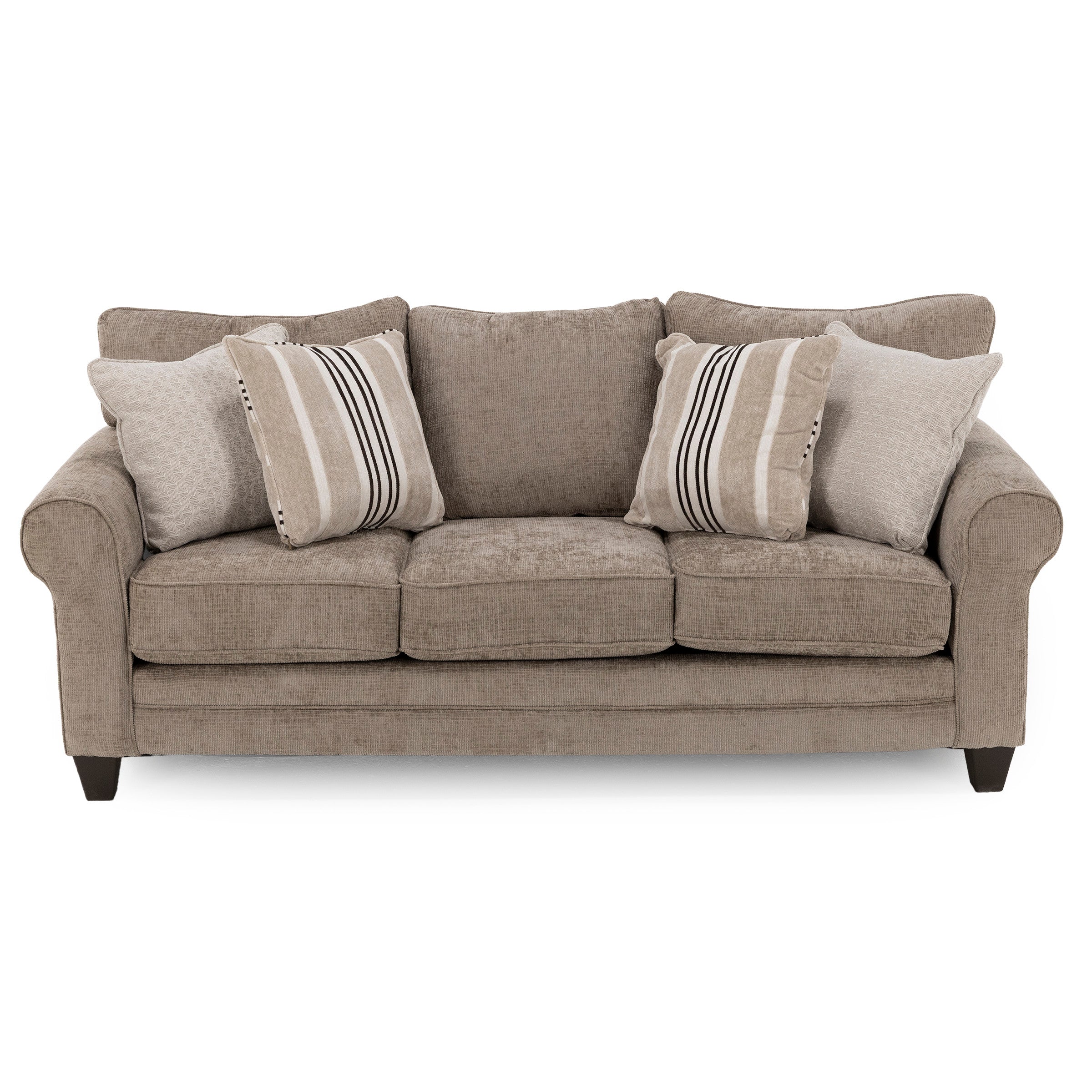 Beige upholstered sofa with five patterned throw pillows.