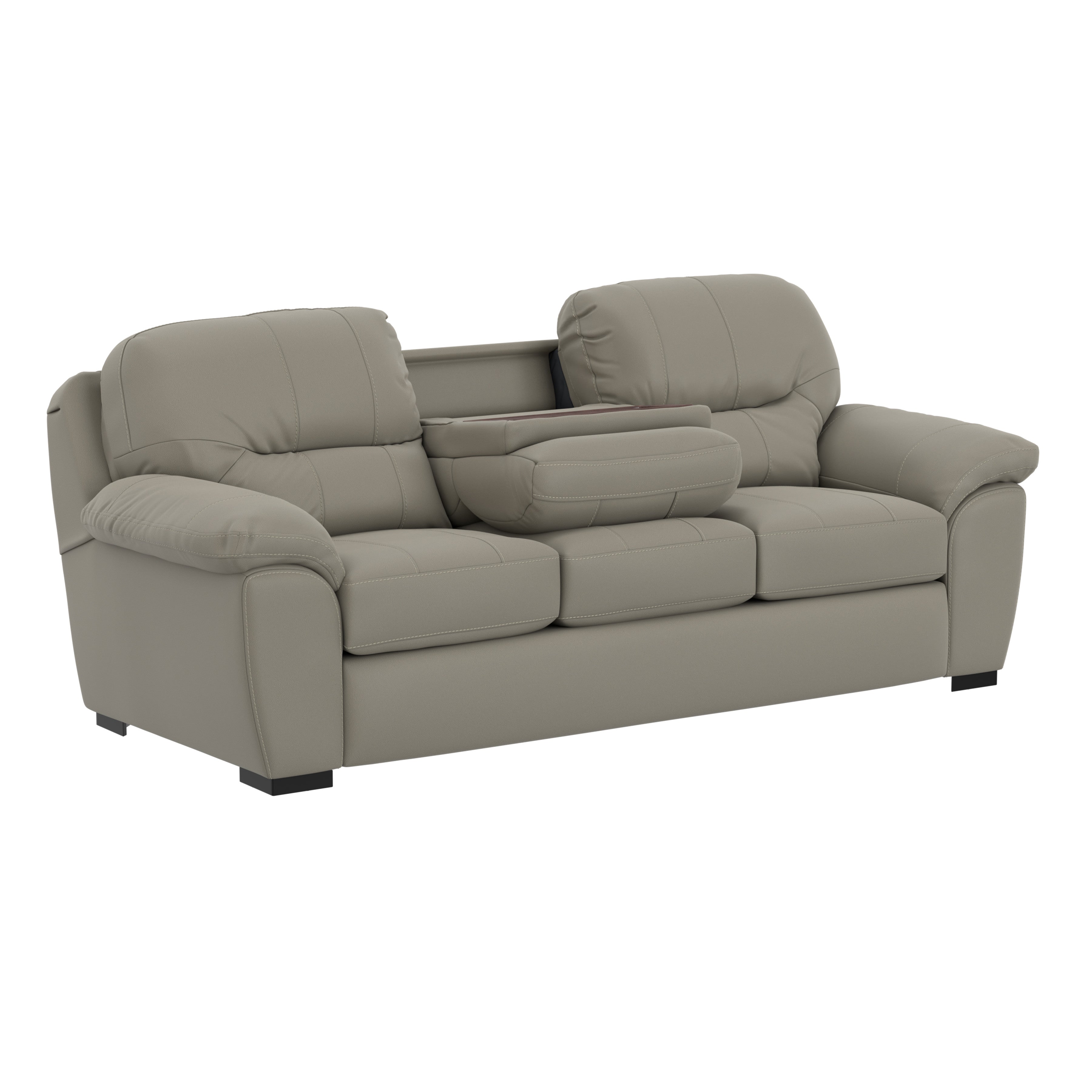 Light gray sofa with plush cushions and center console armrest.