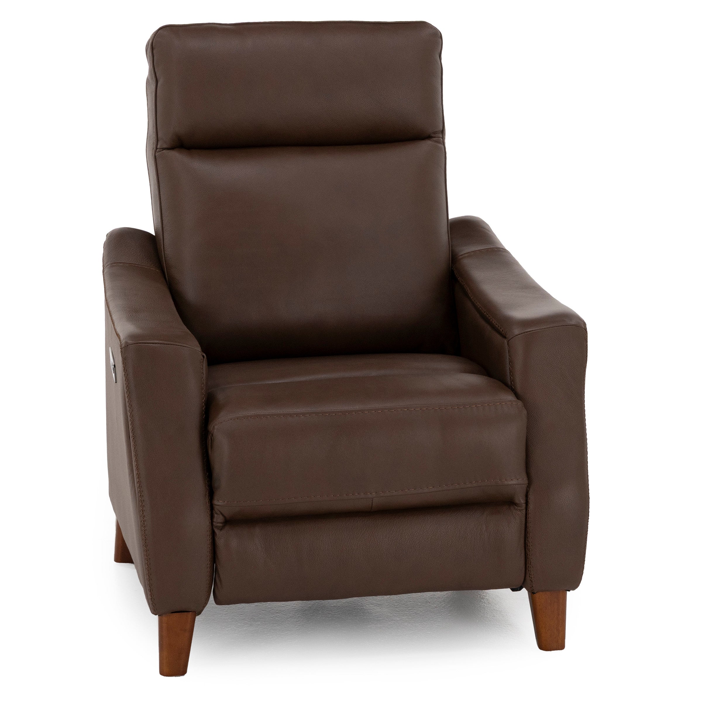 Brown leather recliner chair with wood legs, shown from the front.