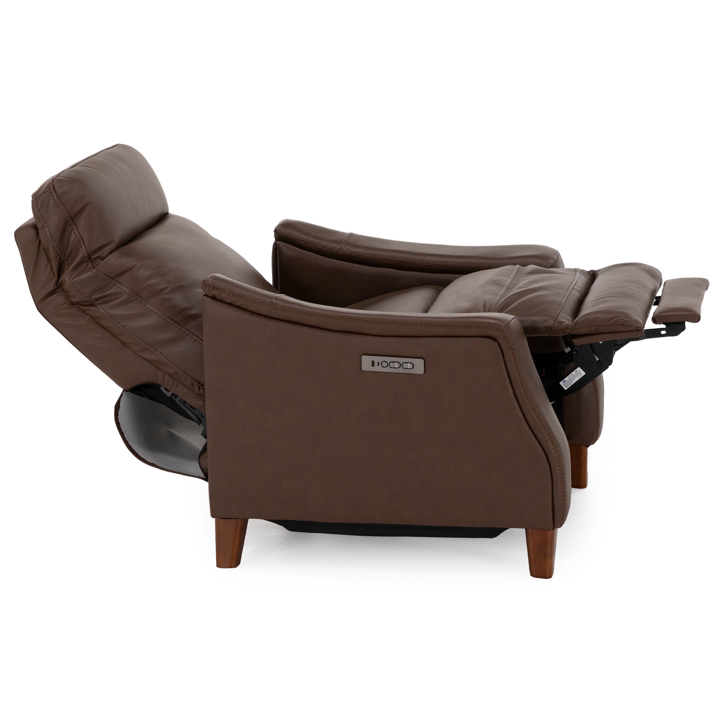 Brown leather recliner chair fully extended with visible control panel.