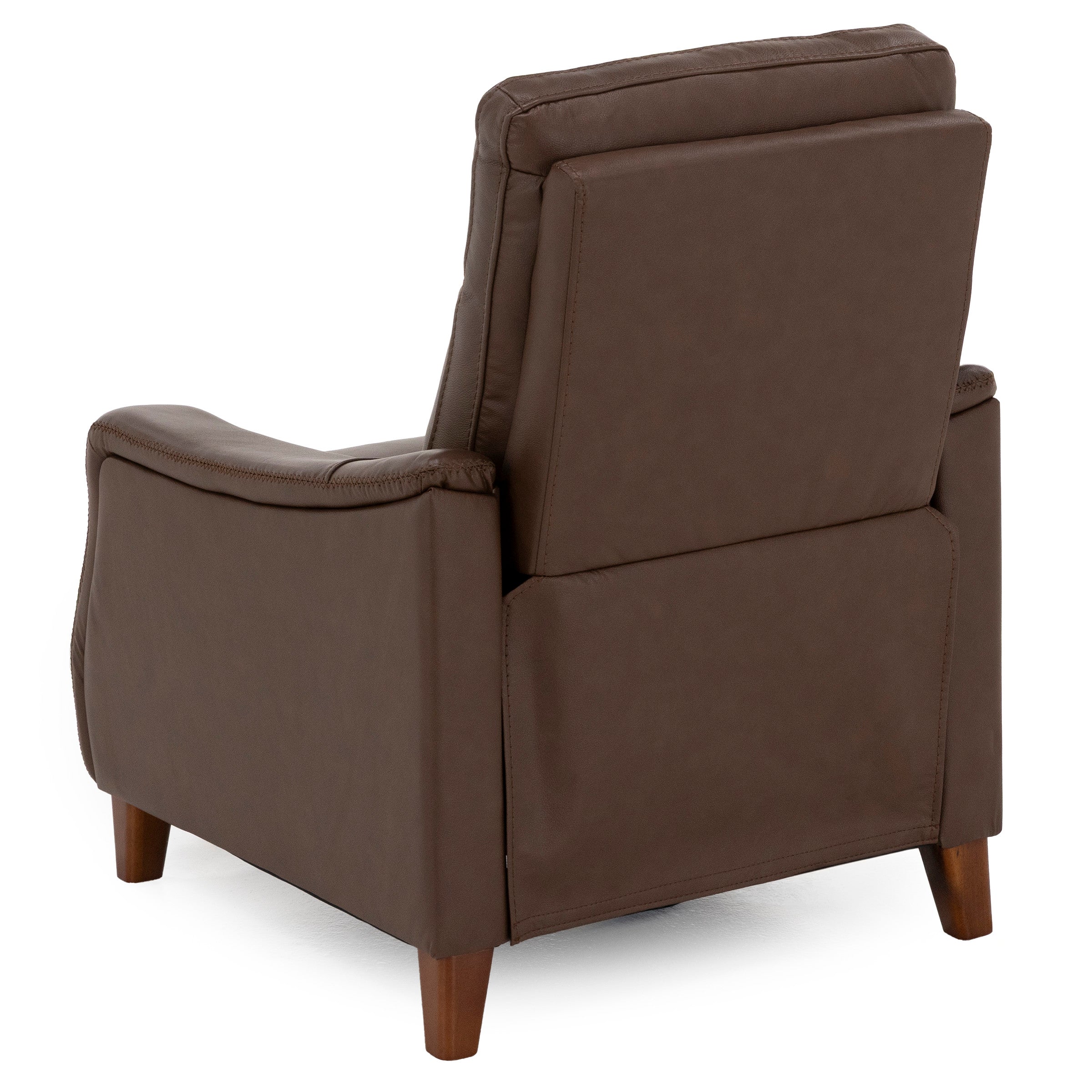 Back angle view of a brown leather recliner chair with wooden legs.